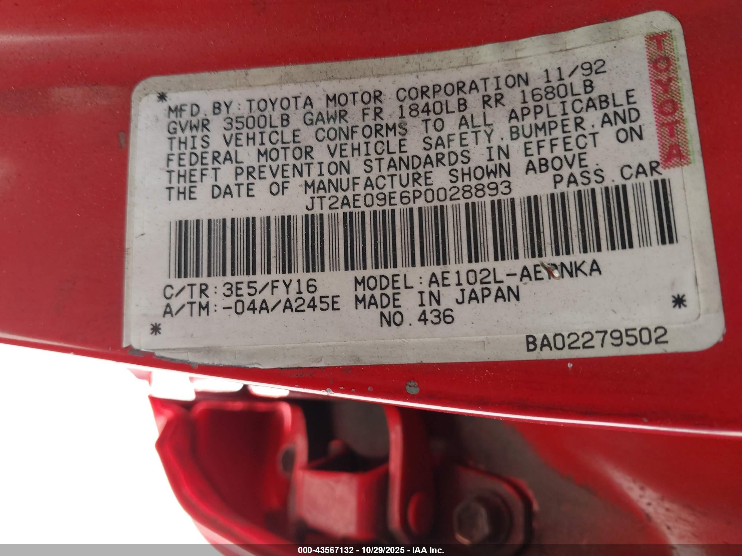 1993 Toyota Corolla Le/dx Red vin: JT2AE09E6P0028893