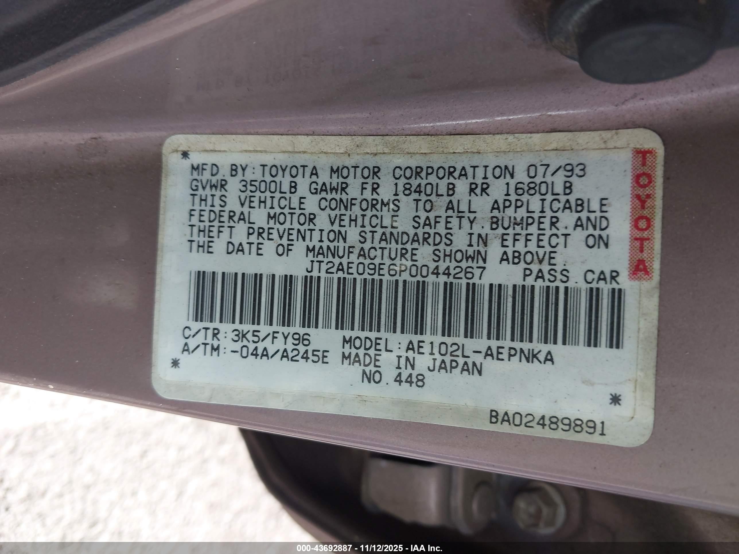 1993 Toyota Corolla Le/dx Коричневый vin: JT2AE09E6P0044267