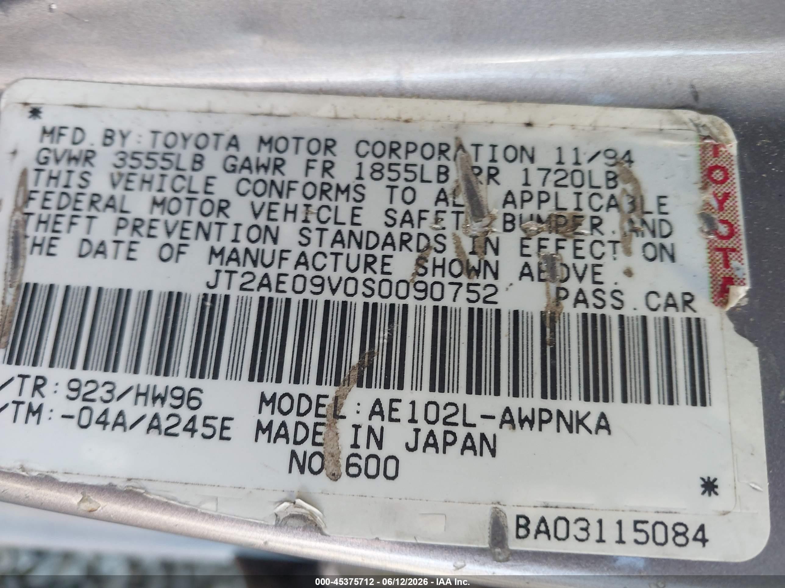 1995 Toyota Corolla Dx Gray vin: JT2AE09V0S0090752