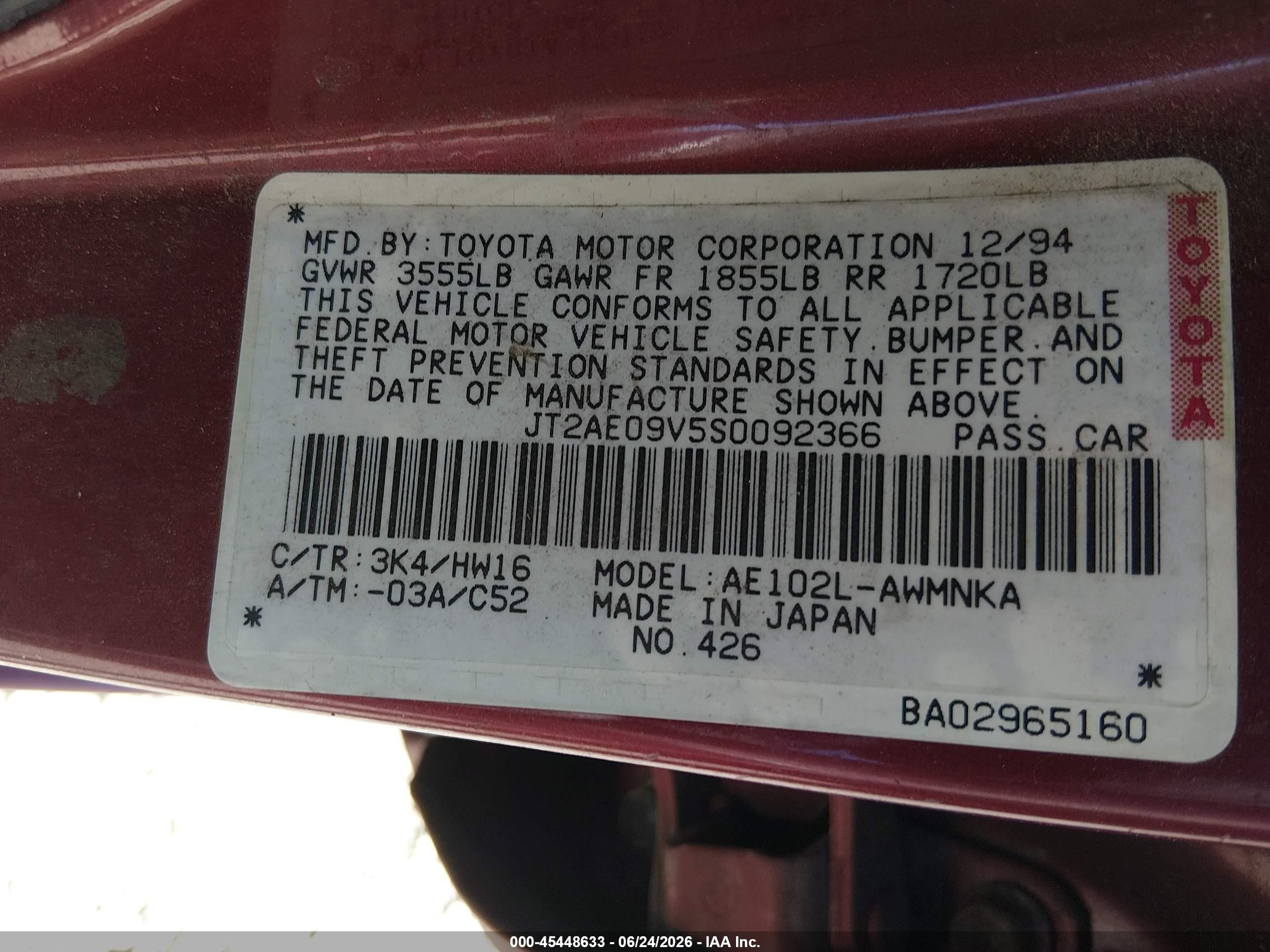 1995 Toyota Corolla Dx Red vin: JT2AE09V5S0092366