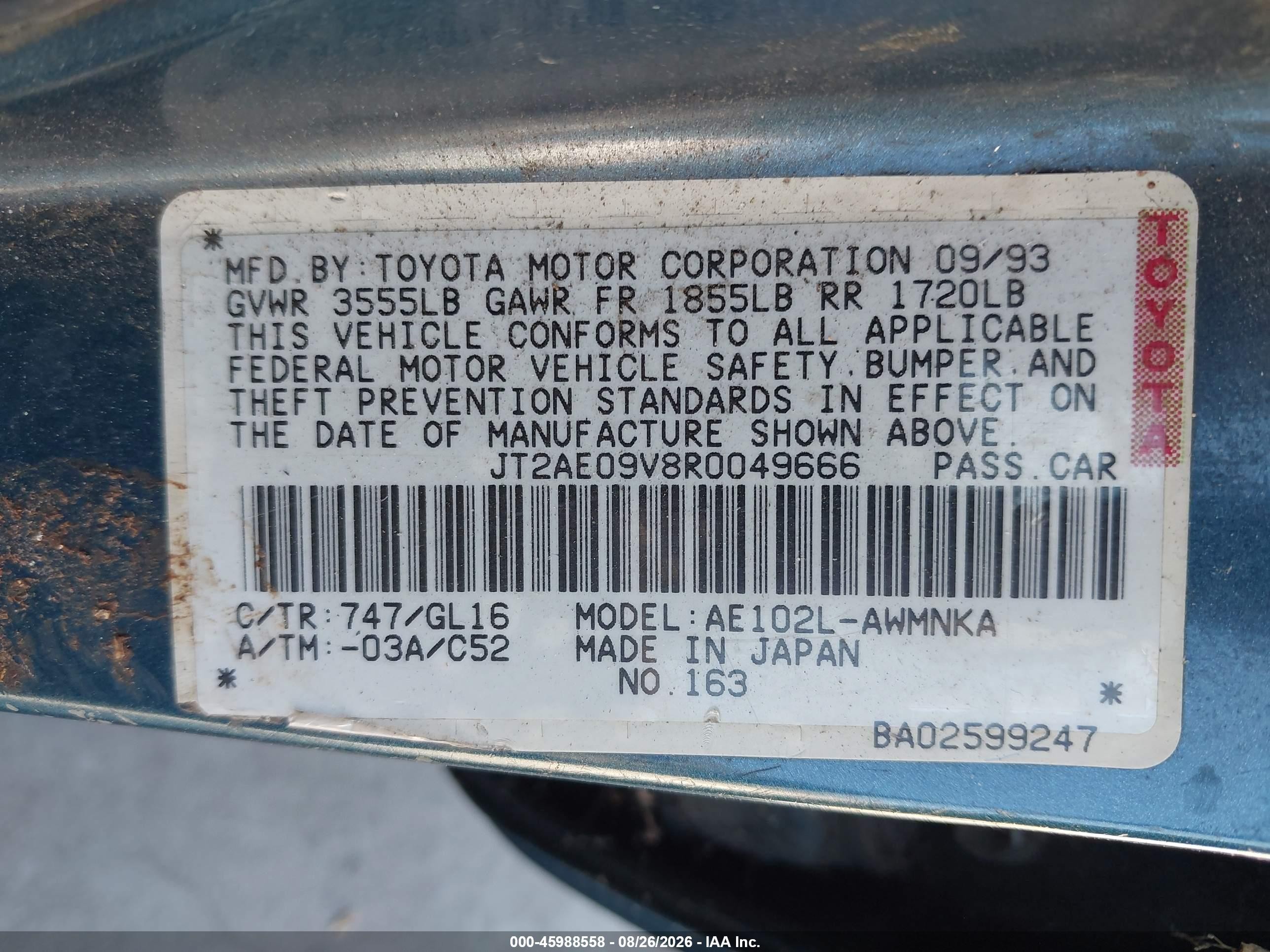 1994 Toyota Corolla Dx Teal vin: JT2AE09V8R0049666