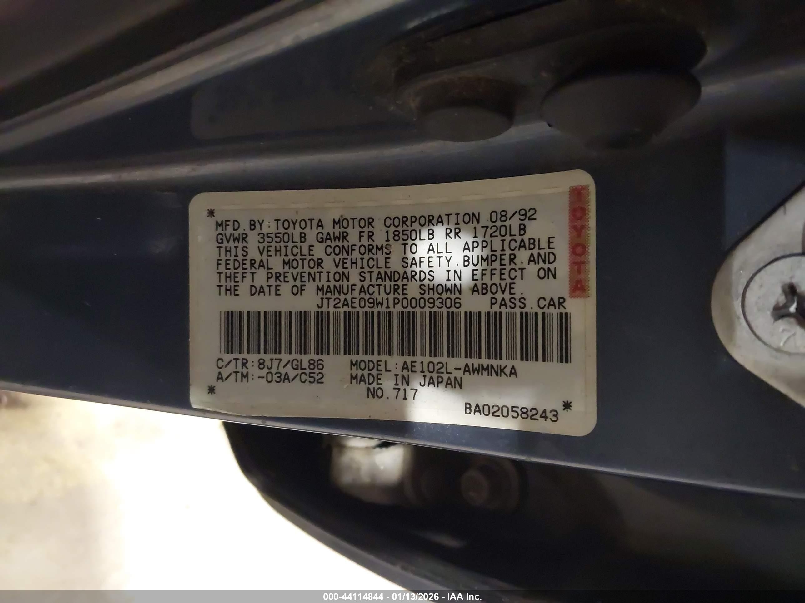 1993 Toyota Corolla Dx Синий vin: JT2AE09W1P0009306