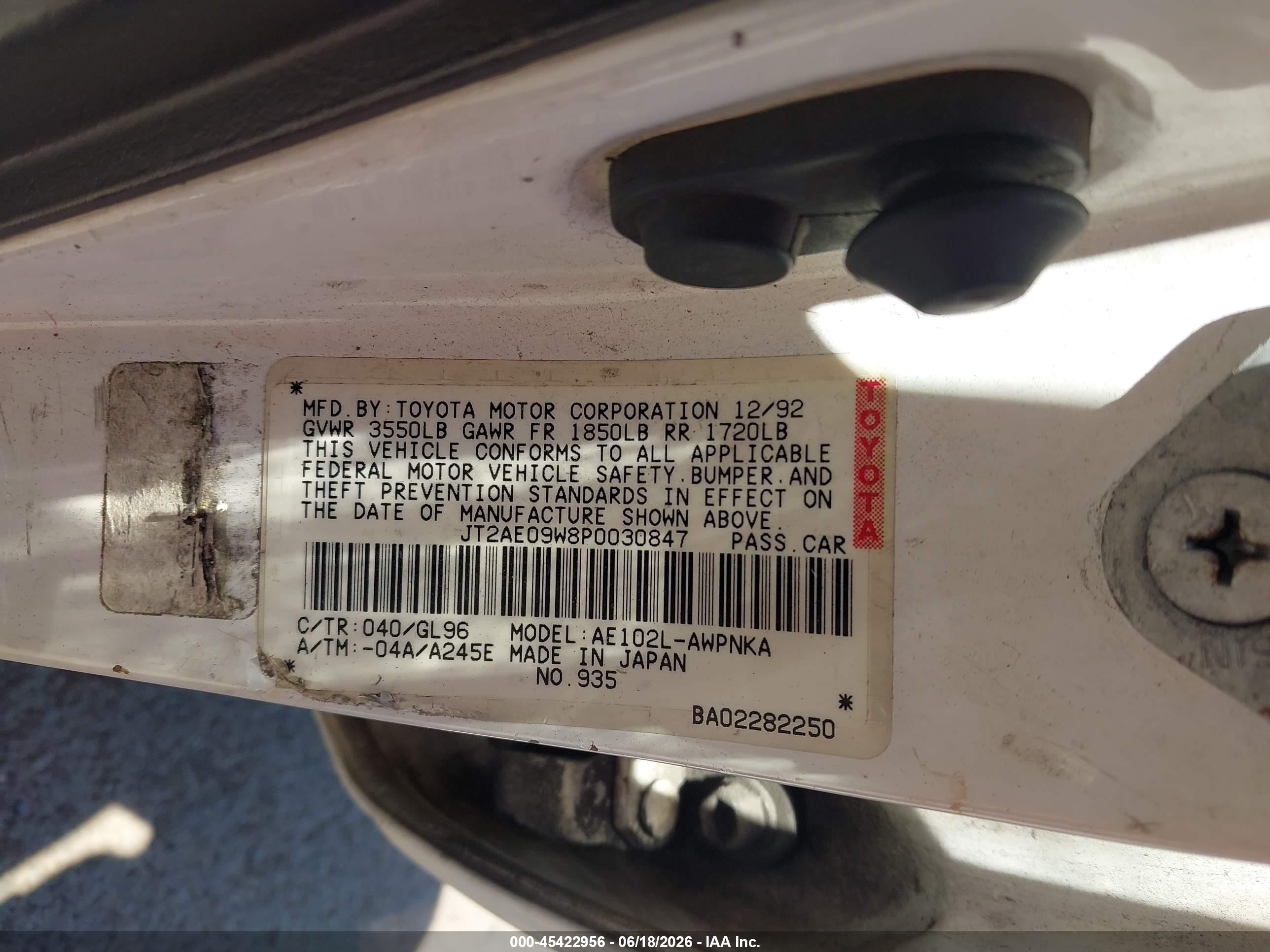 1993 Toyota Corolla Dx Белый vin: JT2AE09W8P0030847