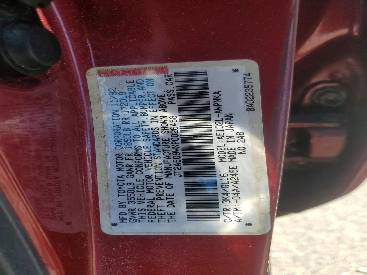 1993 Toyota Corolla Dx Red vin: JT2AE09WXP0026458