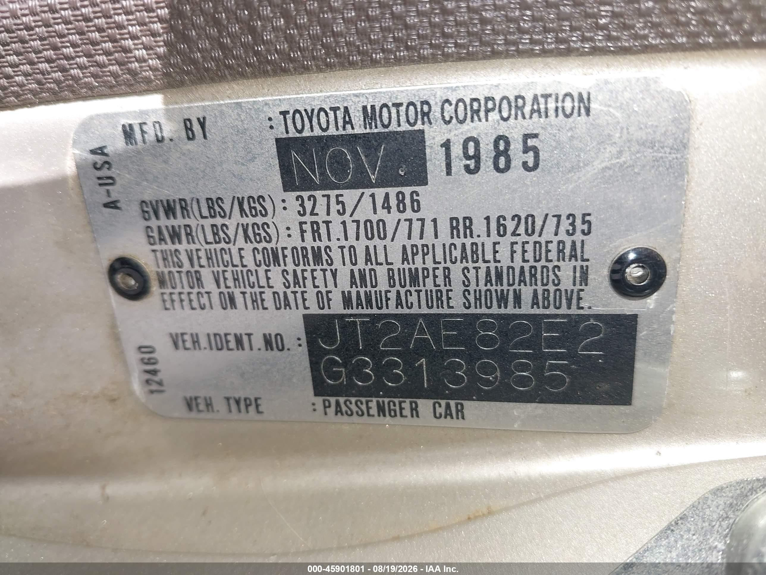 1986 Toyota Corolla Dlx Silver vin: JT2AE82E2G3313985