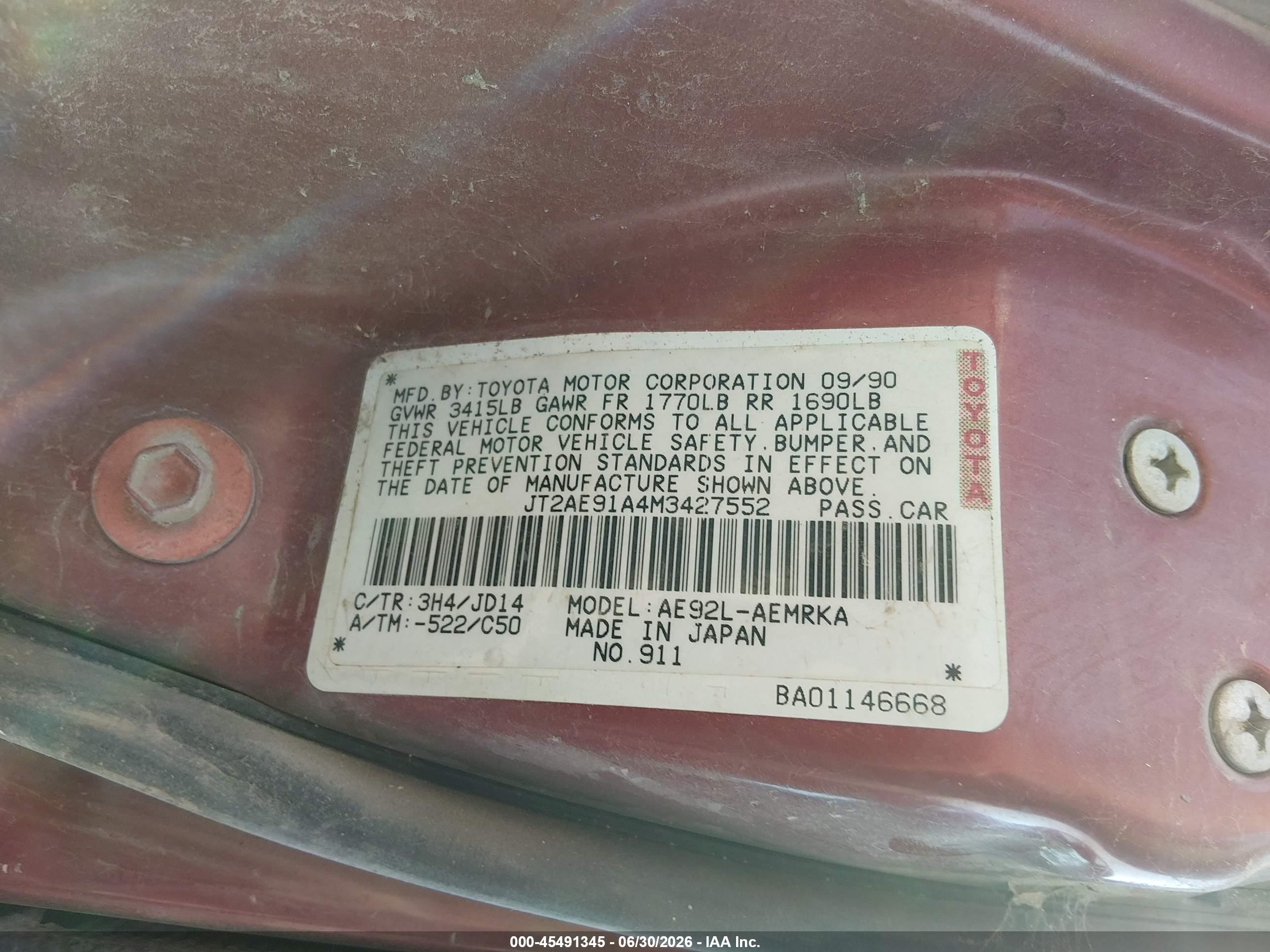 1991 Toyota Corolla Red vin: JT2AE91A4M3427552