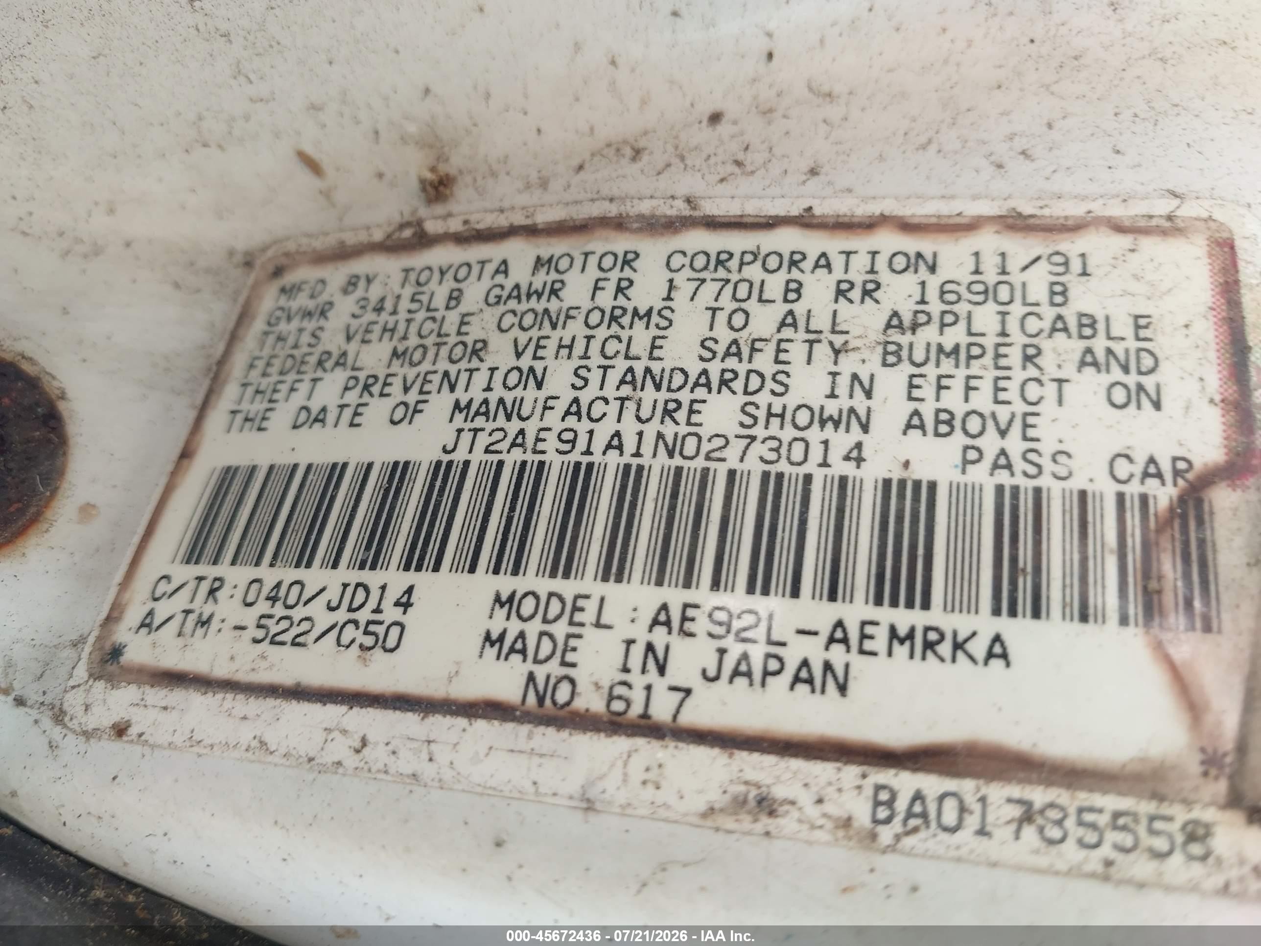 1992 Toyota Corolla   White vin: JT2AE91AINO273014