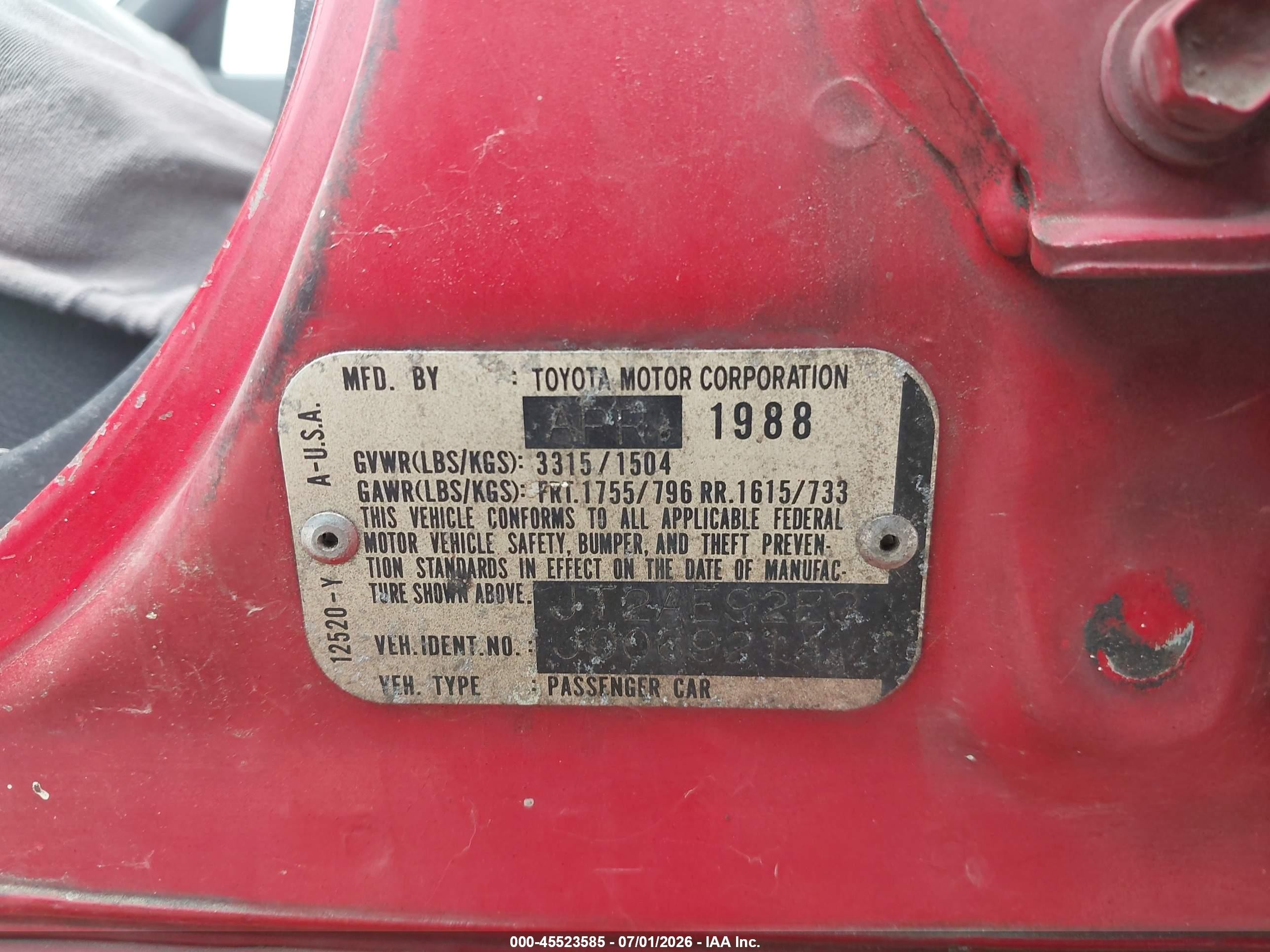 1988 Toyota Corolla Dlx Red vin: JT2AE92E3J0069214