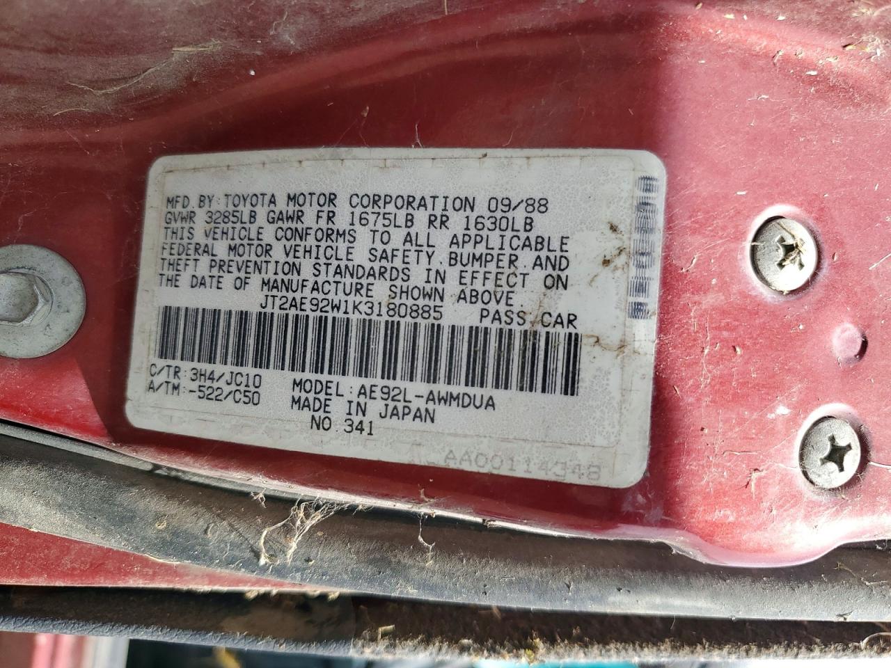 1988 Toyota Corolla Deluxe Red vin: JT2AE92W1K3180885