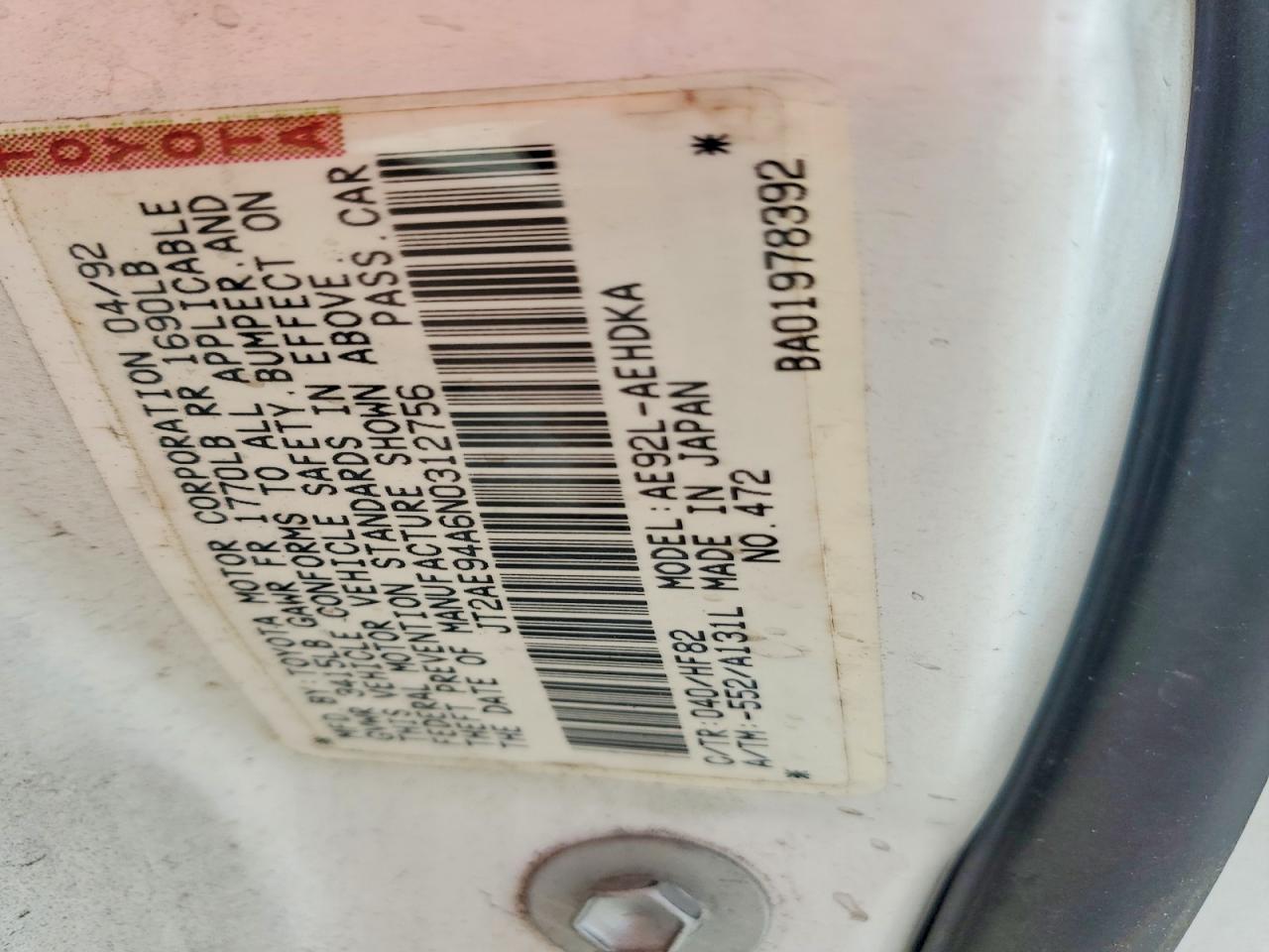 1992 Toyota Corolla Deluxe White vin: JT2AE94A6N0312756