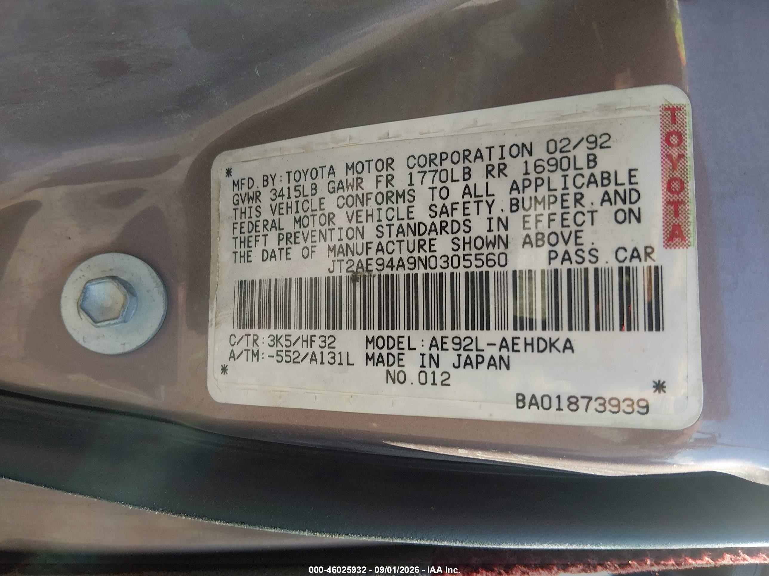 1992 Toyota Corolla Dlx Pewter vin: JT2AE94A9N0305560