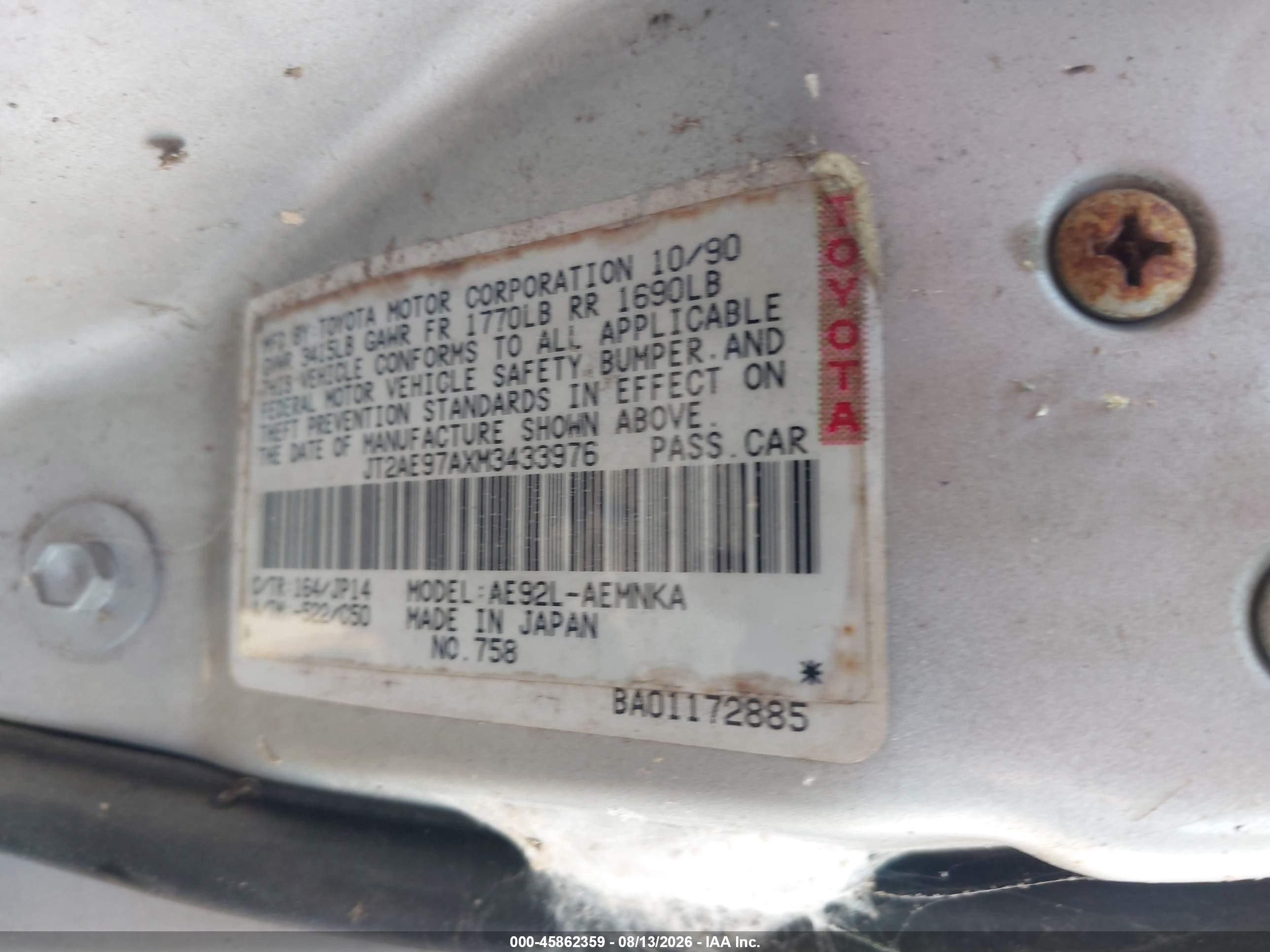 1991 Toyota Corolla Le Silver vin: JT2AE97AXM3433976