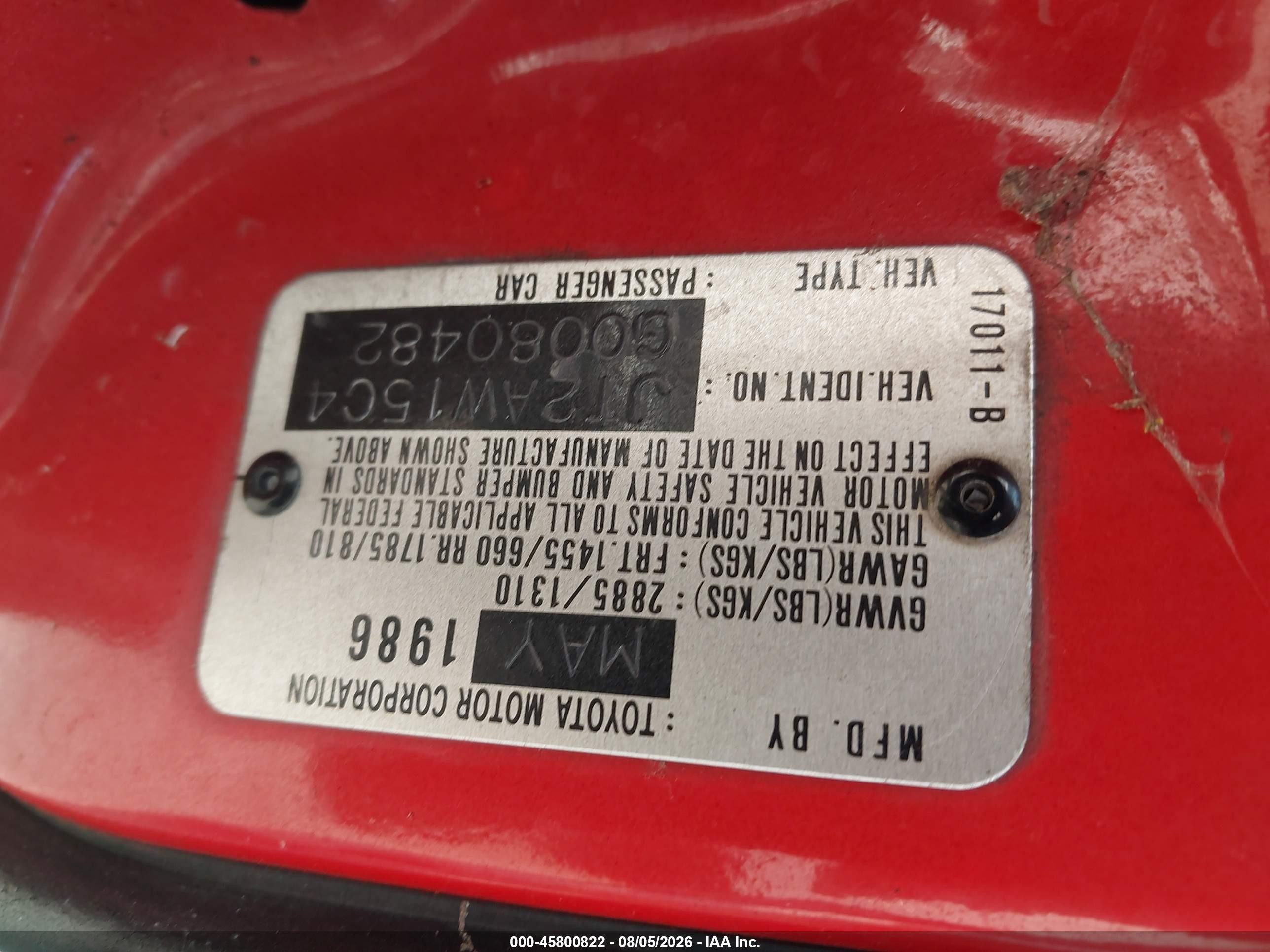 1986 Toyota Mr2   Red vin: JT2AW15C6G0069015