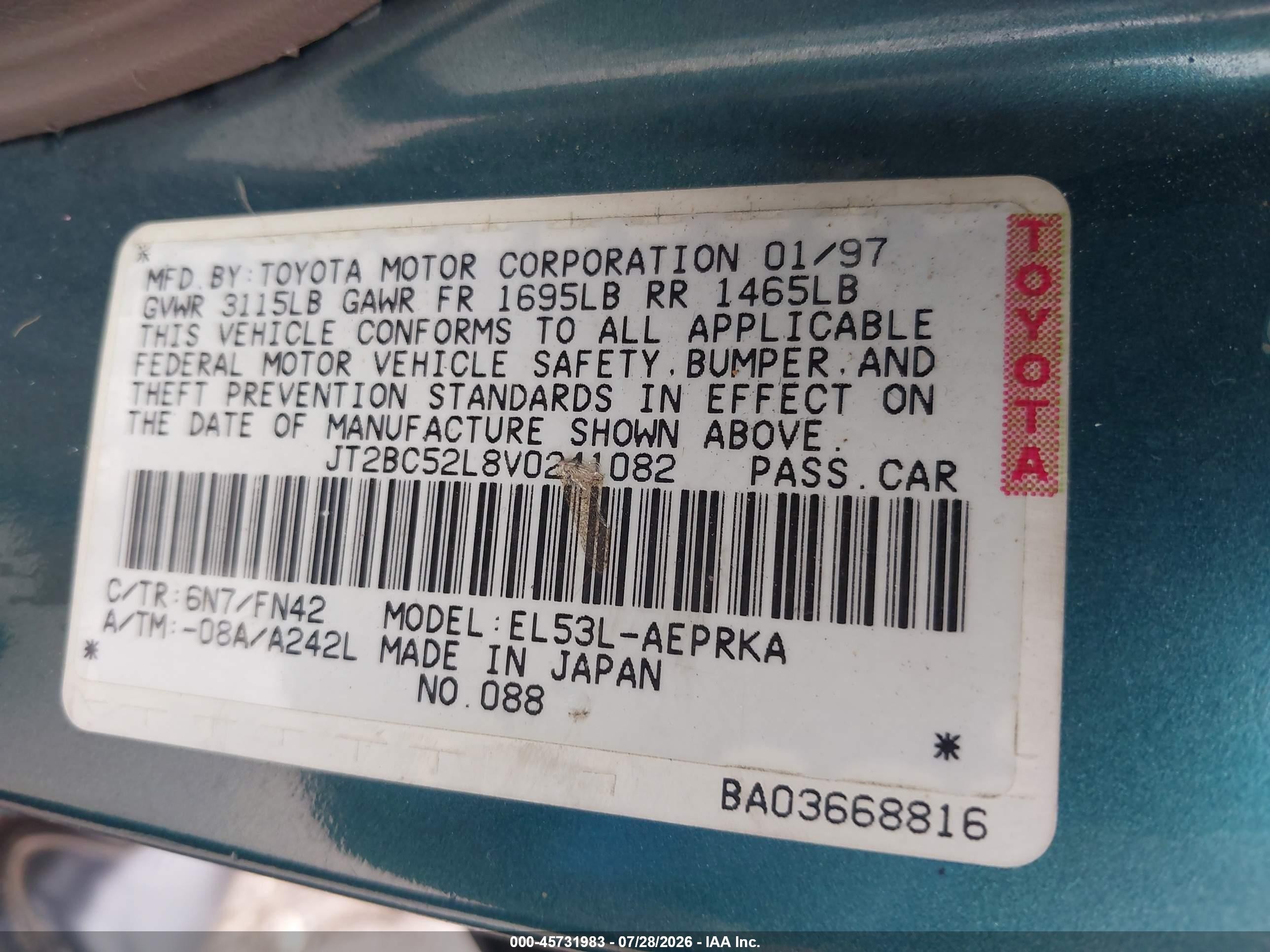 1997 Toyota Tercel Ce Green vin: JT2BC52L8V0241082