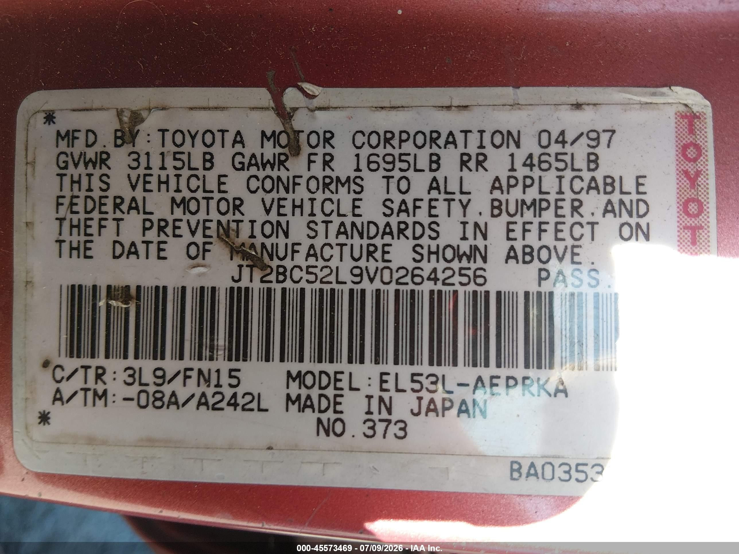 1997 Toyota Tercel Ce Красный vin: JT2BC52L9V0264256