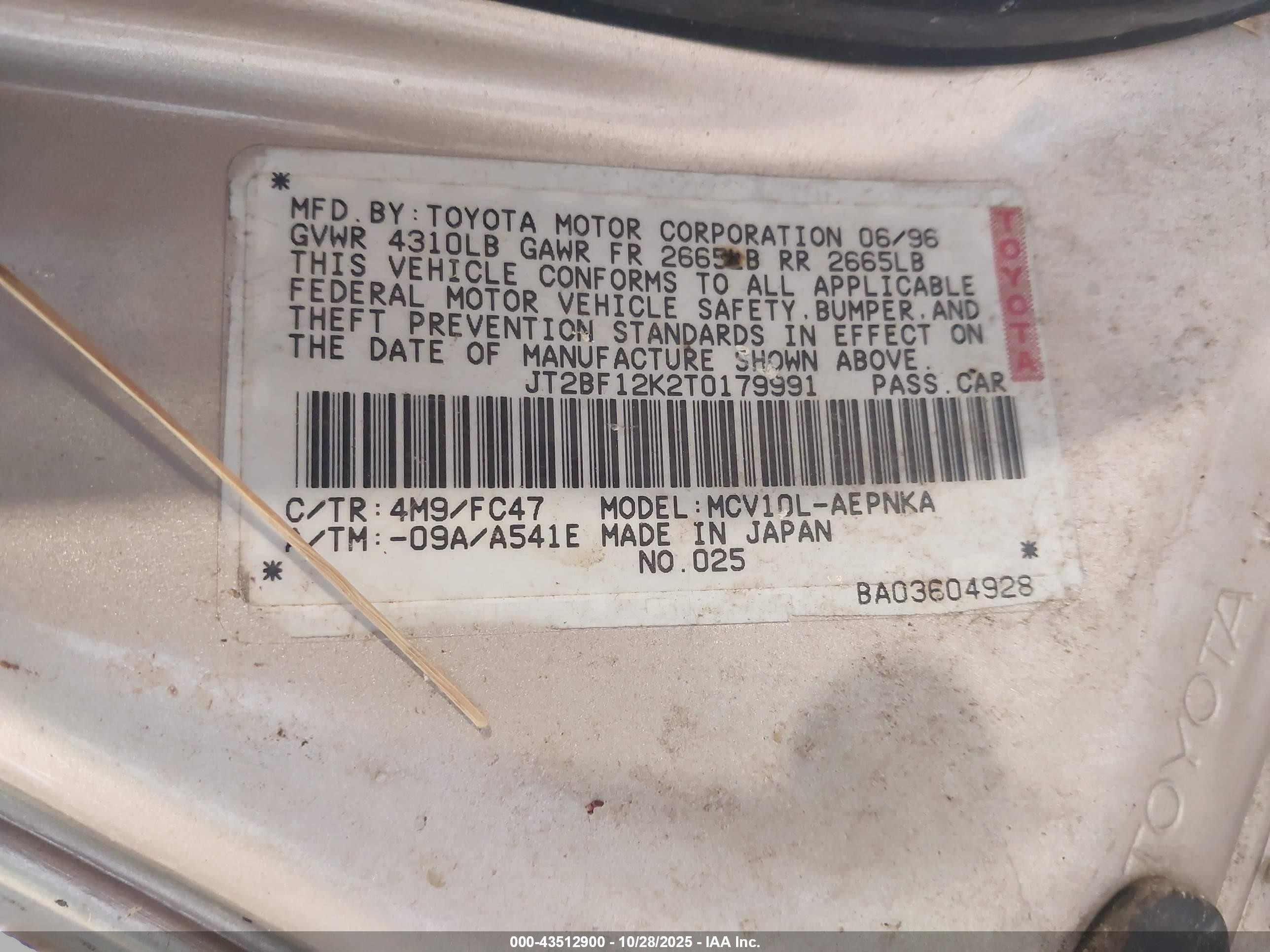 1996 Toyota Camry Le/xle/se Gold vin: JT2BF12K2T0179991