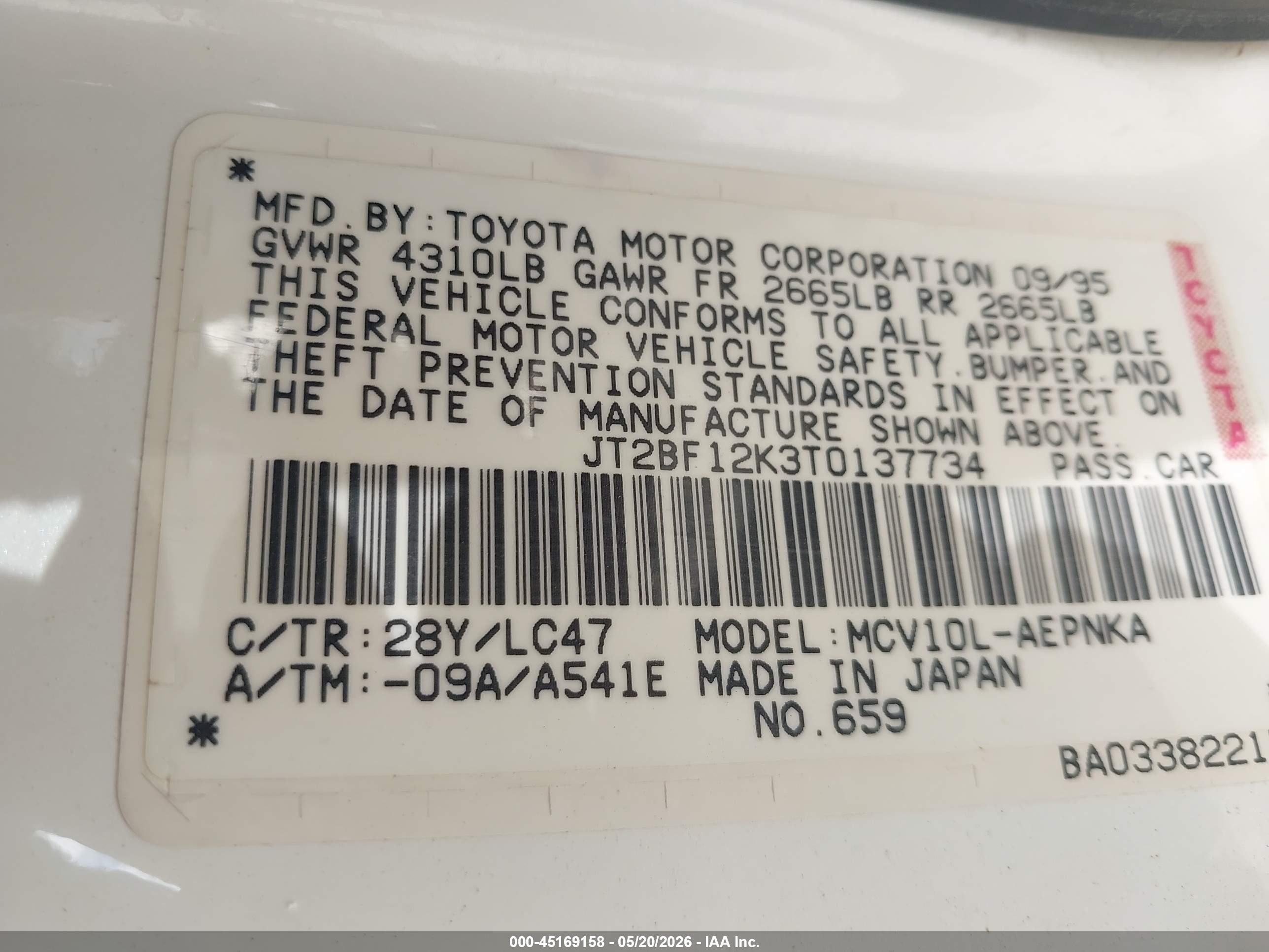 1996 Toyota Camry Le/xle/se White vin: JT2BF12K3T0137734