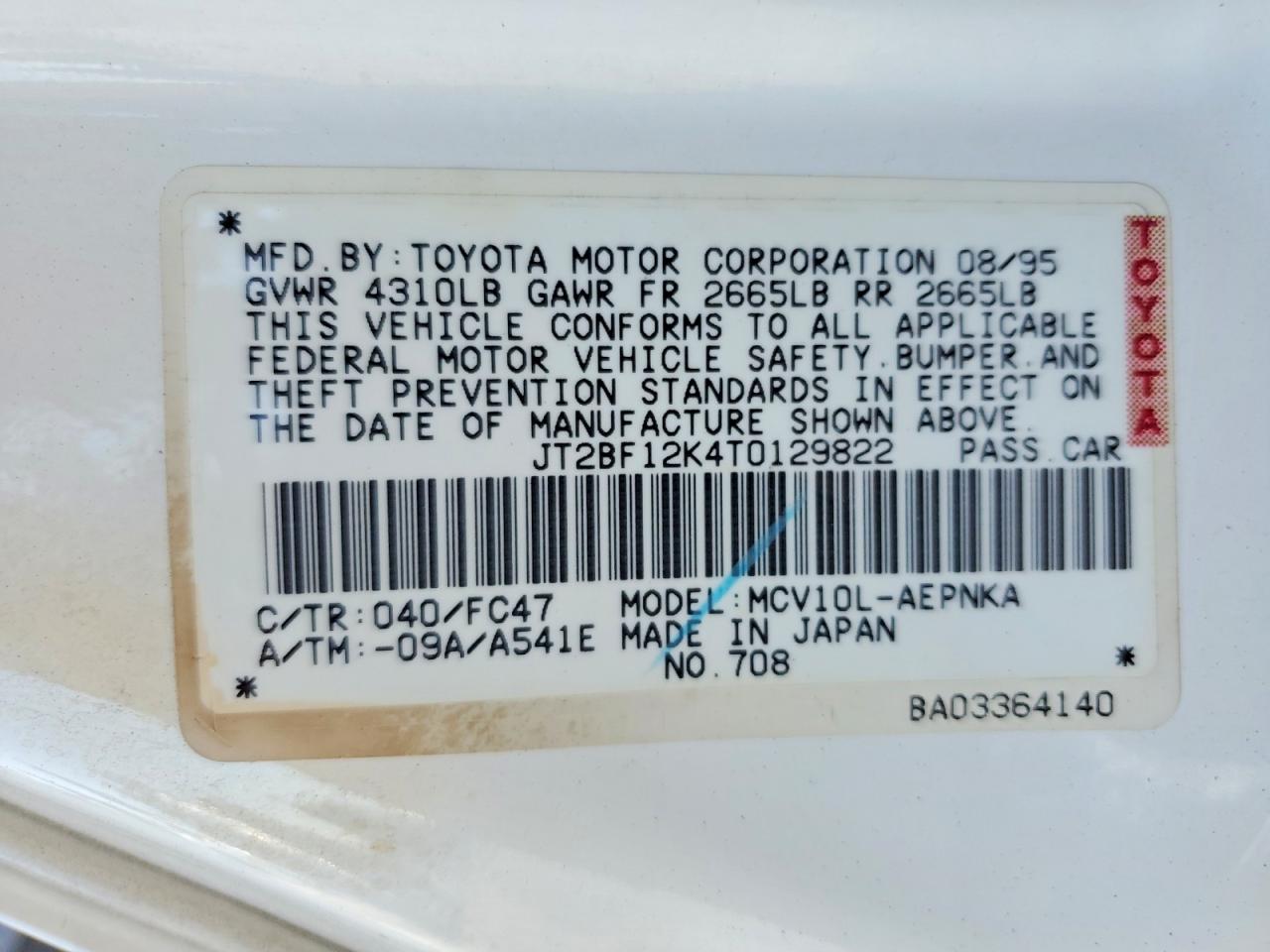 1996 Toyota Camry Le V6 White vin: JT2BF12K4T0129822