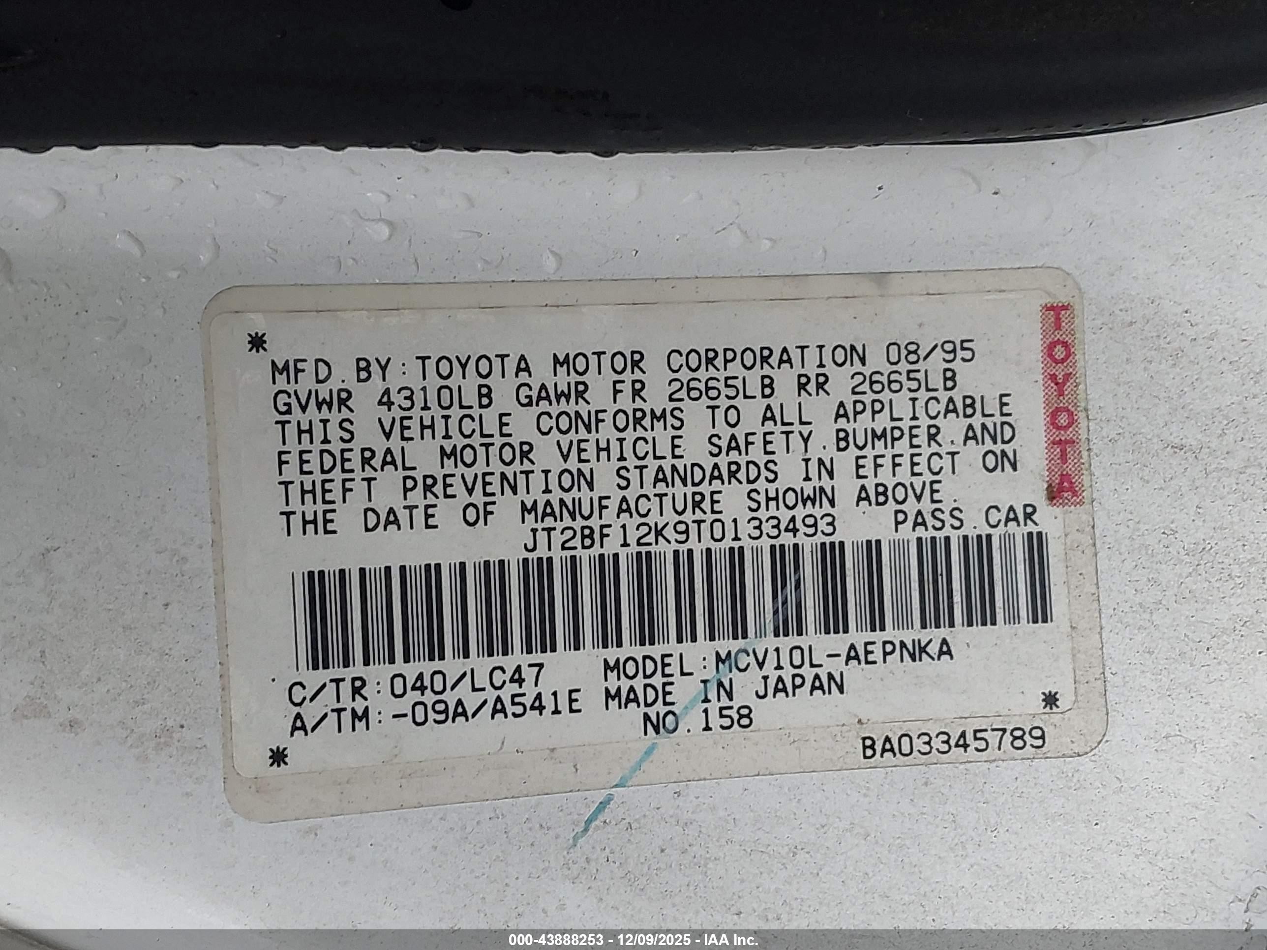 1996 Toyota Camry Le/xle/se White vin: JT2BF12K9T0133493