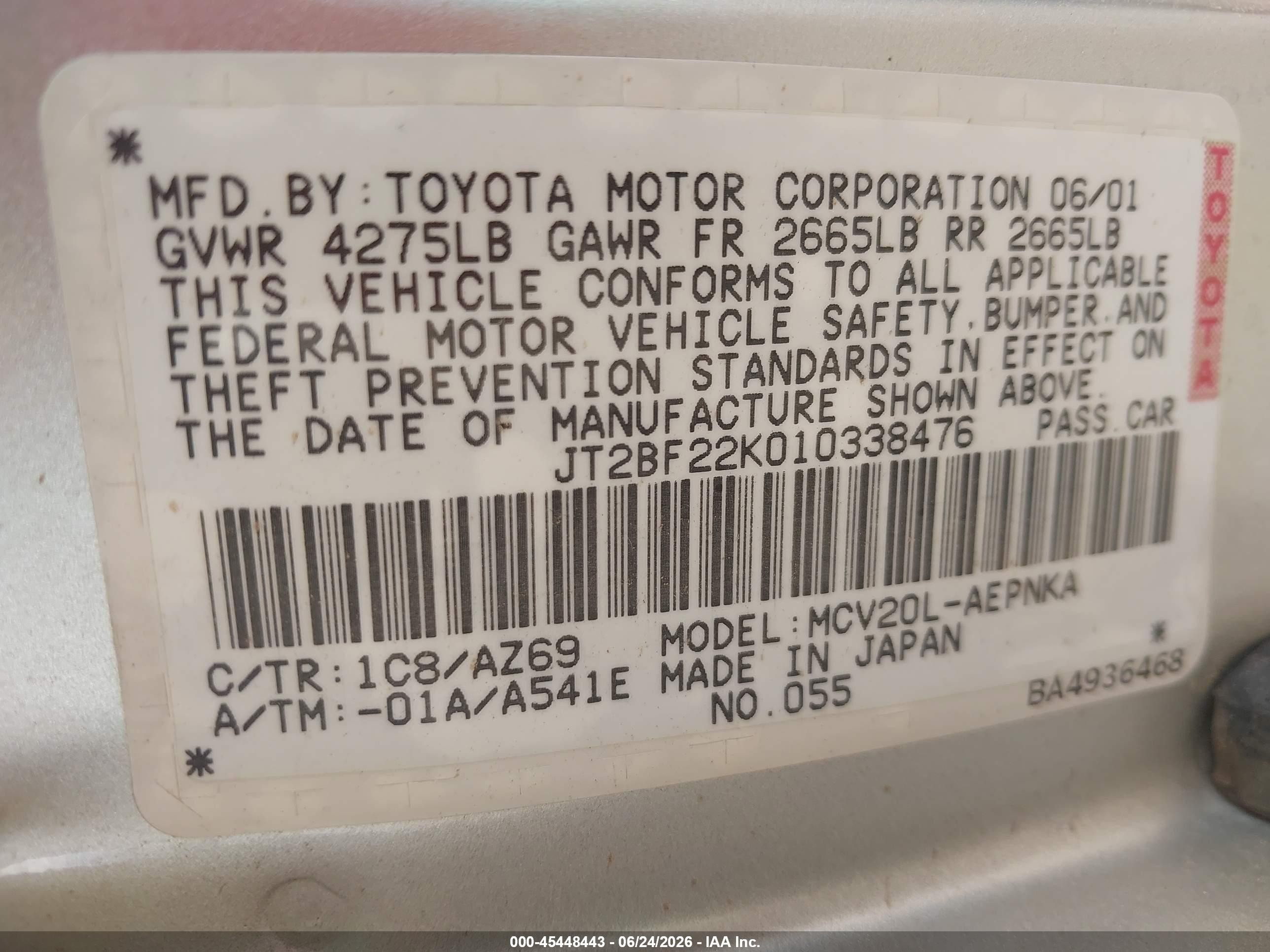 2001 Toyota Camry Le V6 Burgundy vin: JT2BF22K010338476