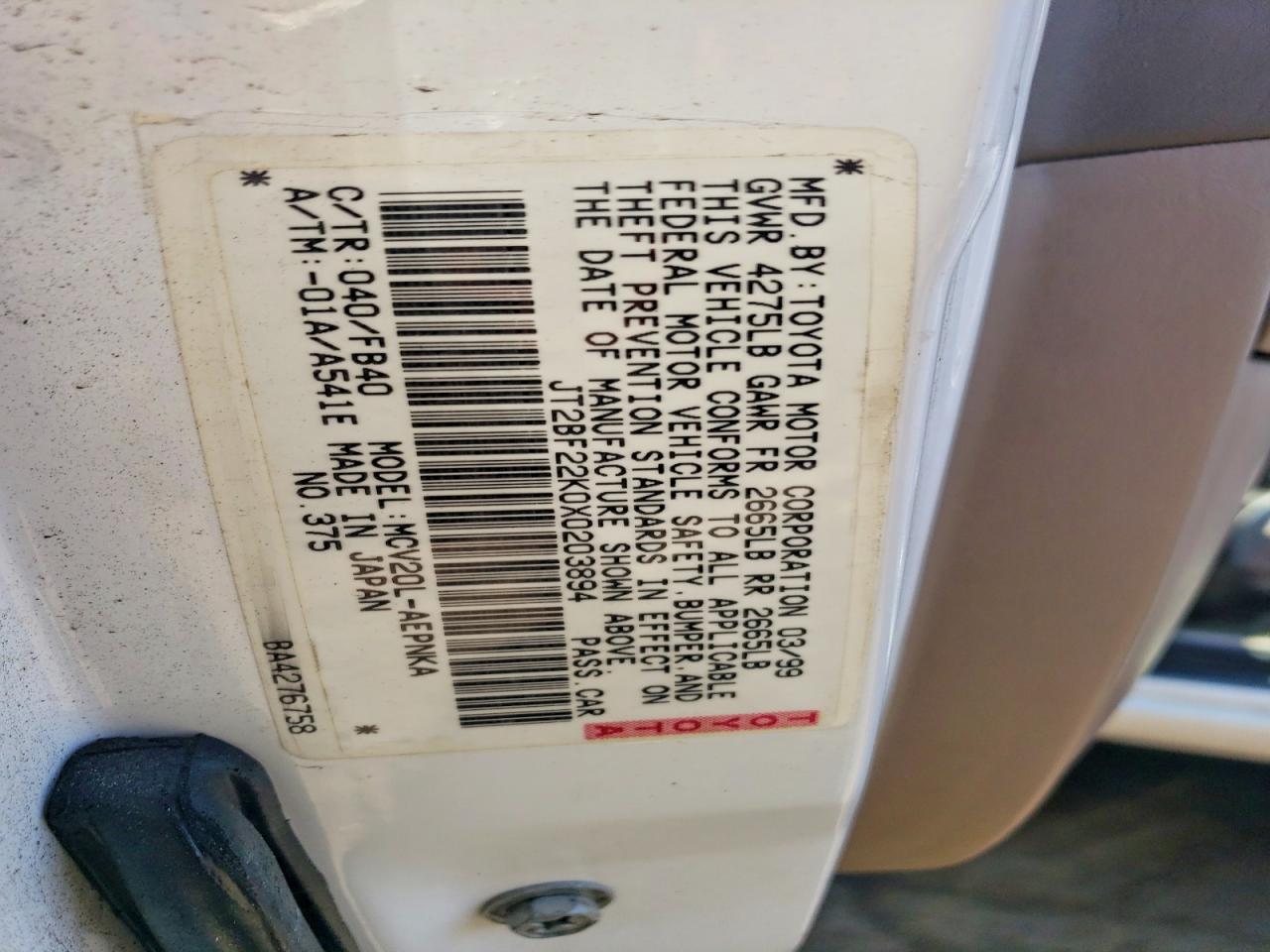 1999 Toyota Camry Le V6 White vin: JT2BF22K0X0203894
