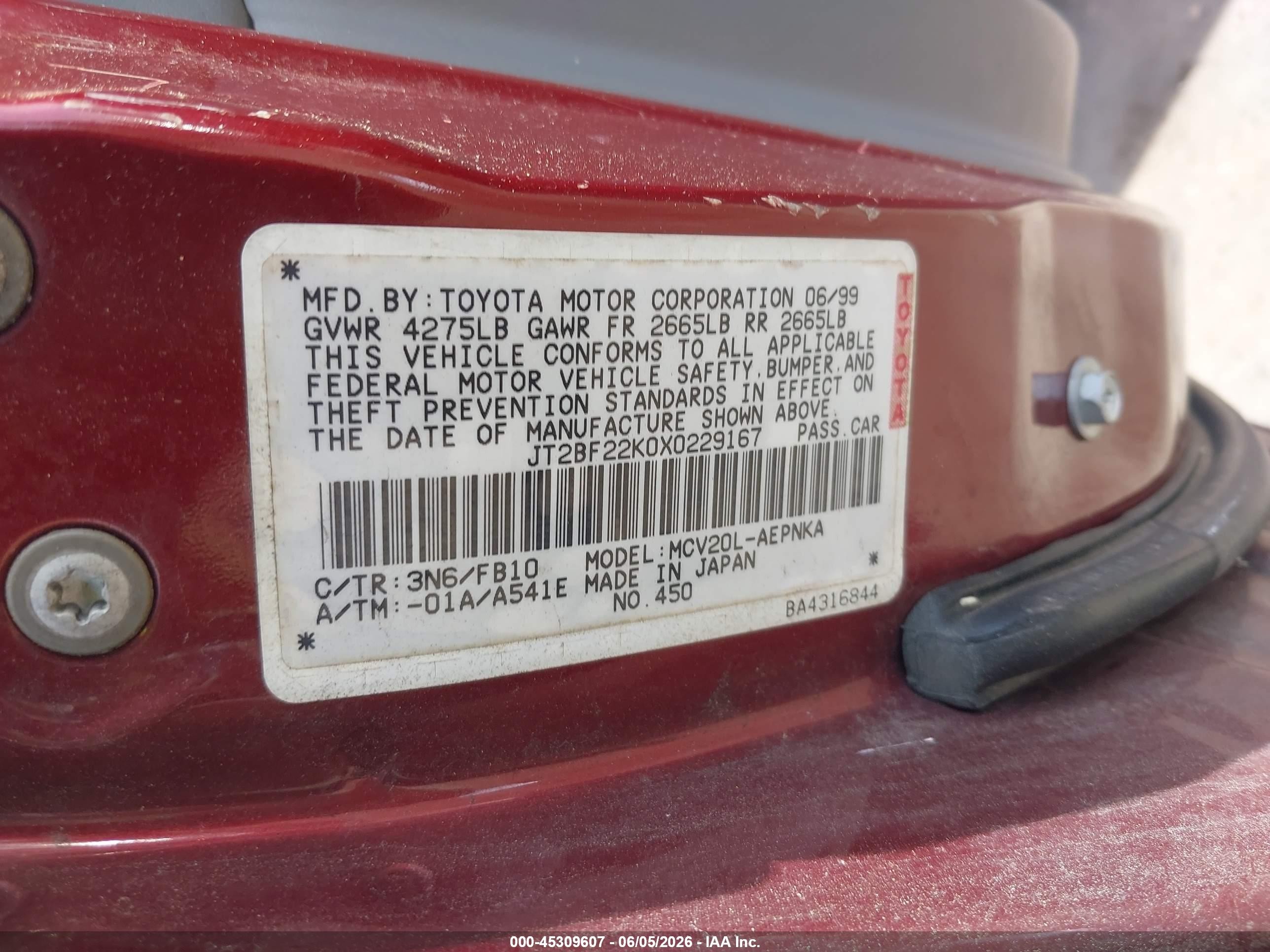 1999 Toyota Camry Le V6 Red vin: JT2BF22K0X0229167