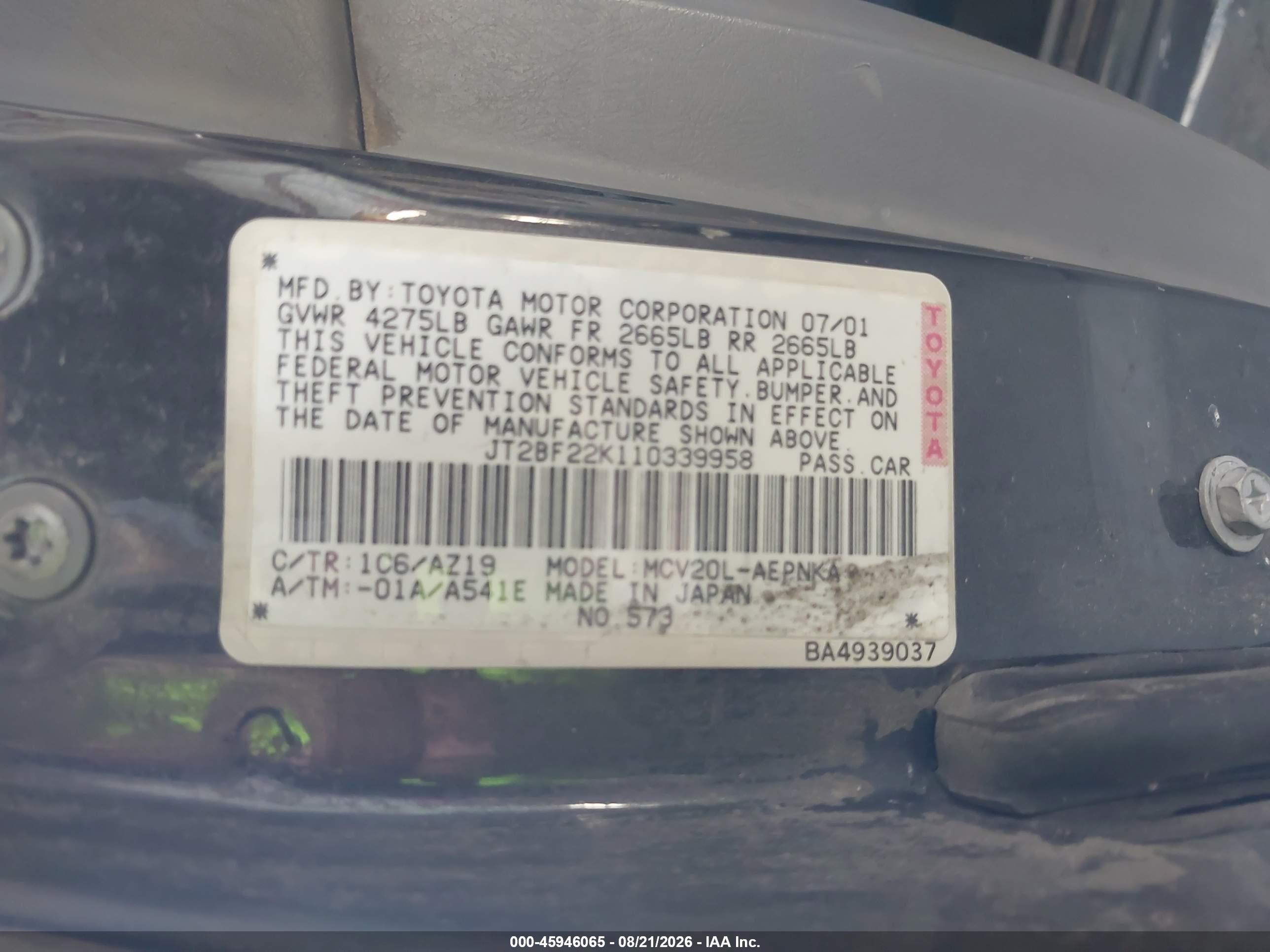 2001 Toyota Camry Le V6 Gray vin: JT2BF22K110339958