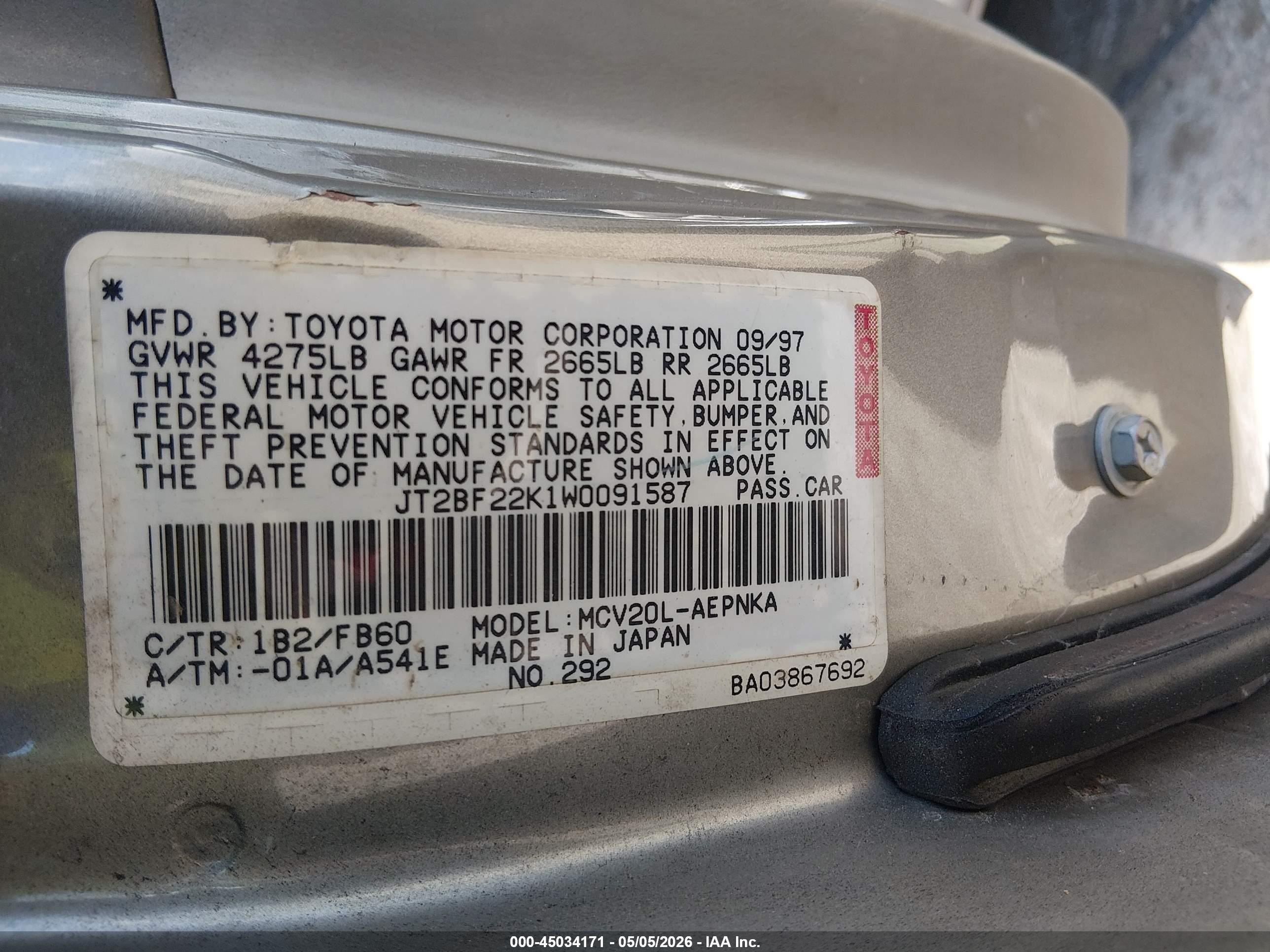 1998 Toyota Camry Ce/le/xle Silver vin: JT2BF22K1W0091587