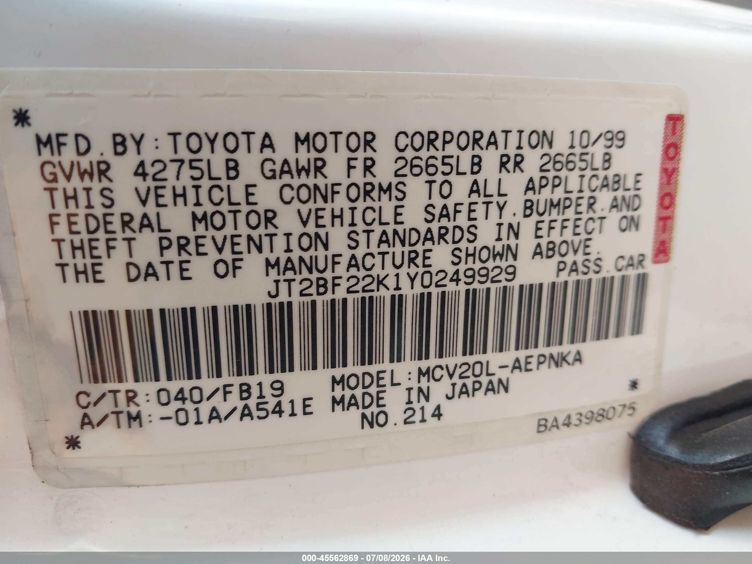 2000 Toyota Camry Le V6 White vin: JT2BF22K1Y0249929