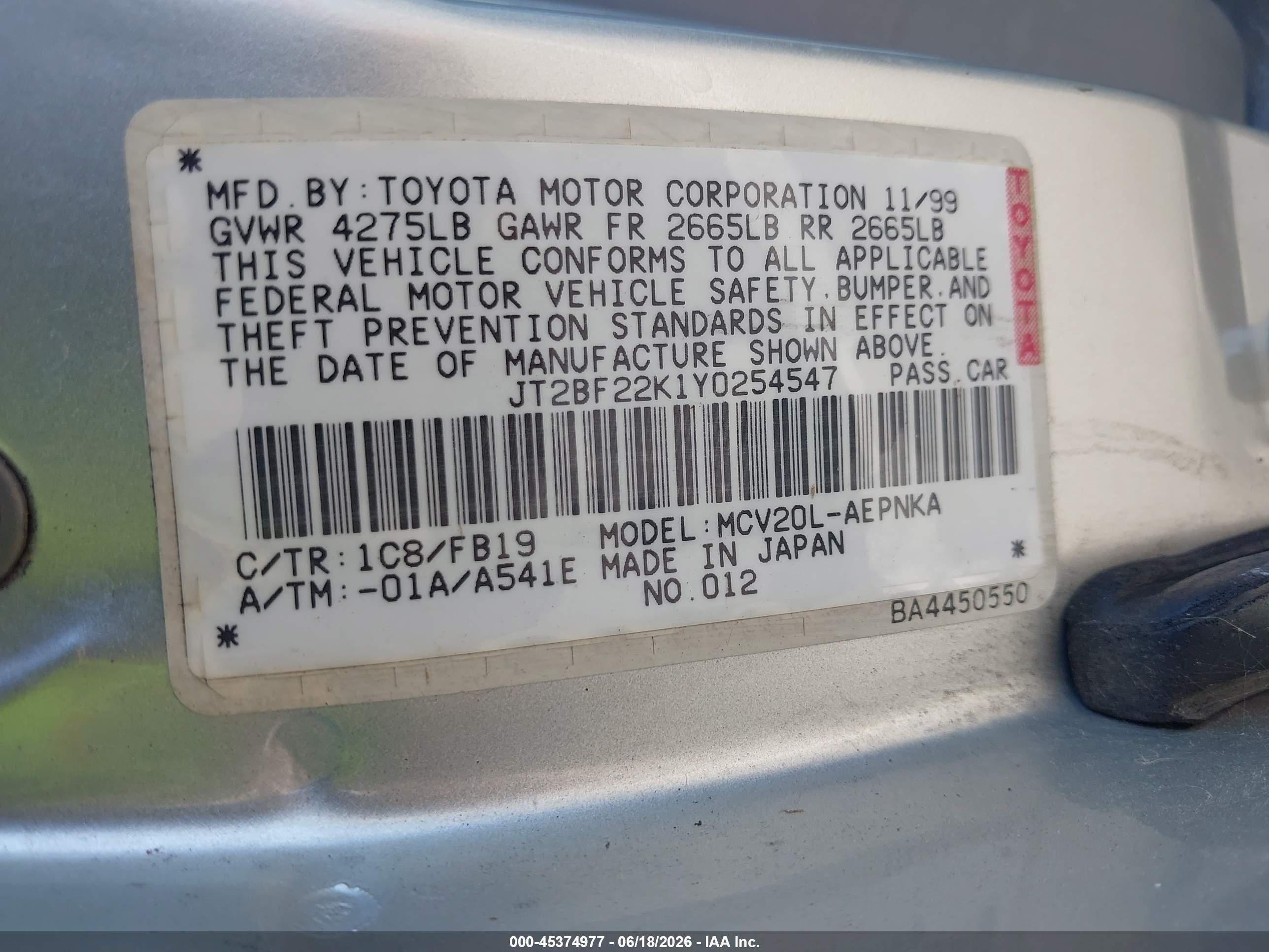 2000 Toyota Camry Le V6 Silver vin: JT2BF22K1Y0254547