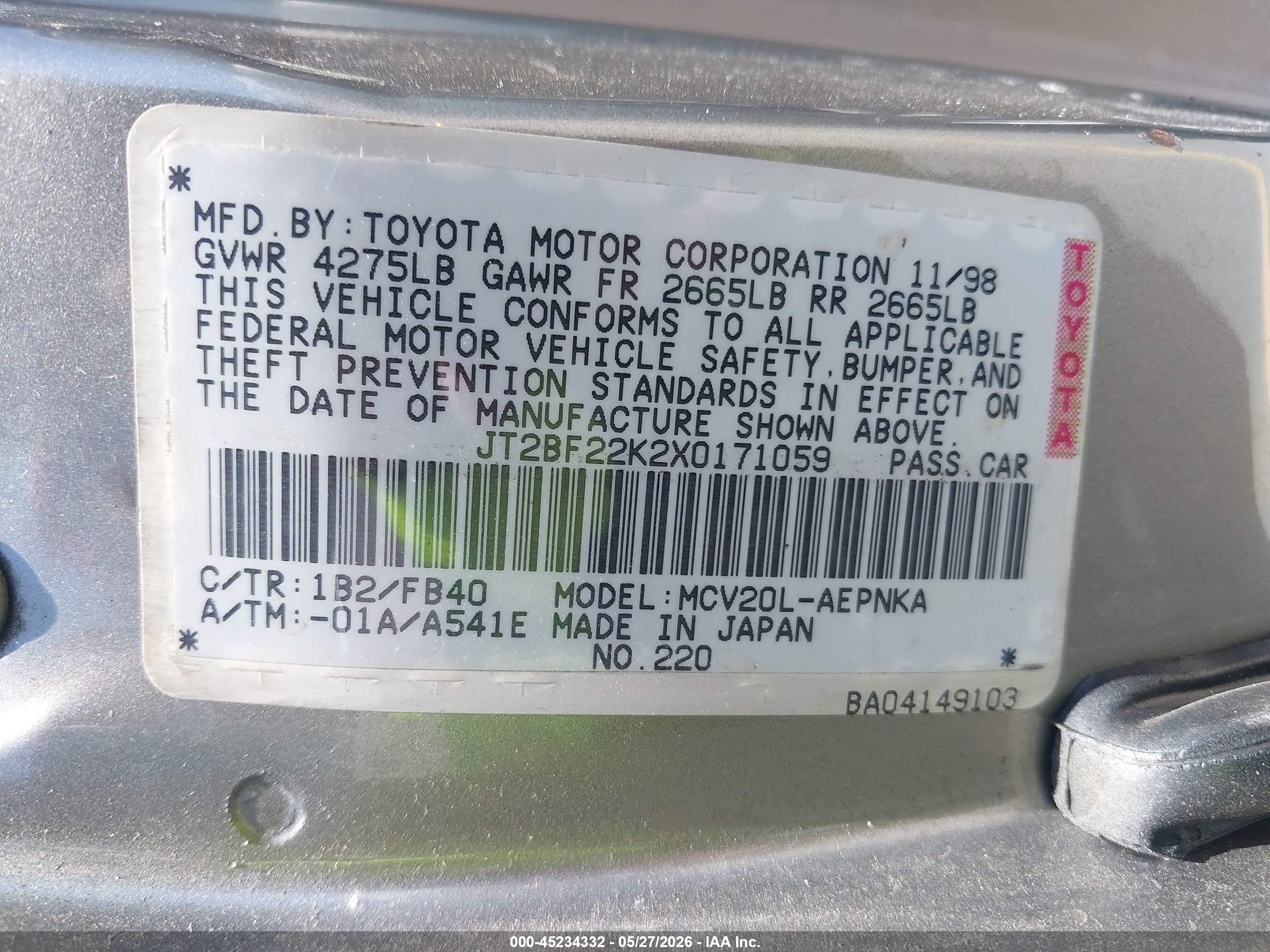 1999 Toyota Camry Le V6 Gray vin: JT2BF22K2X0171059