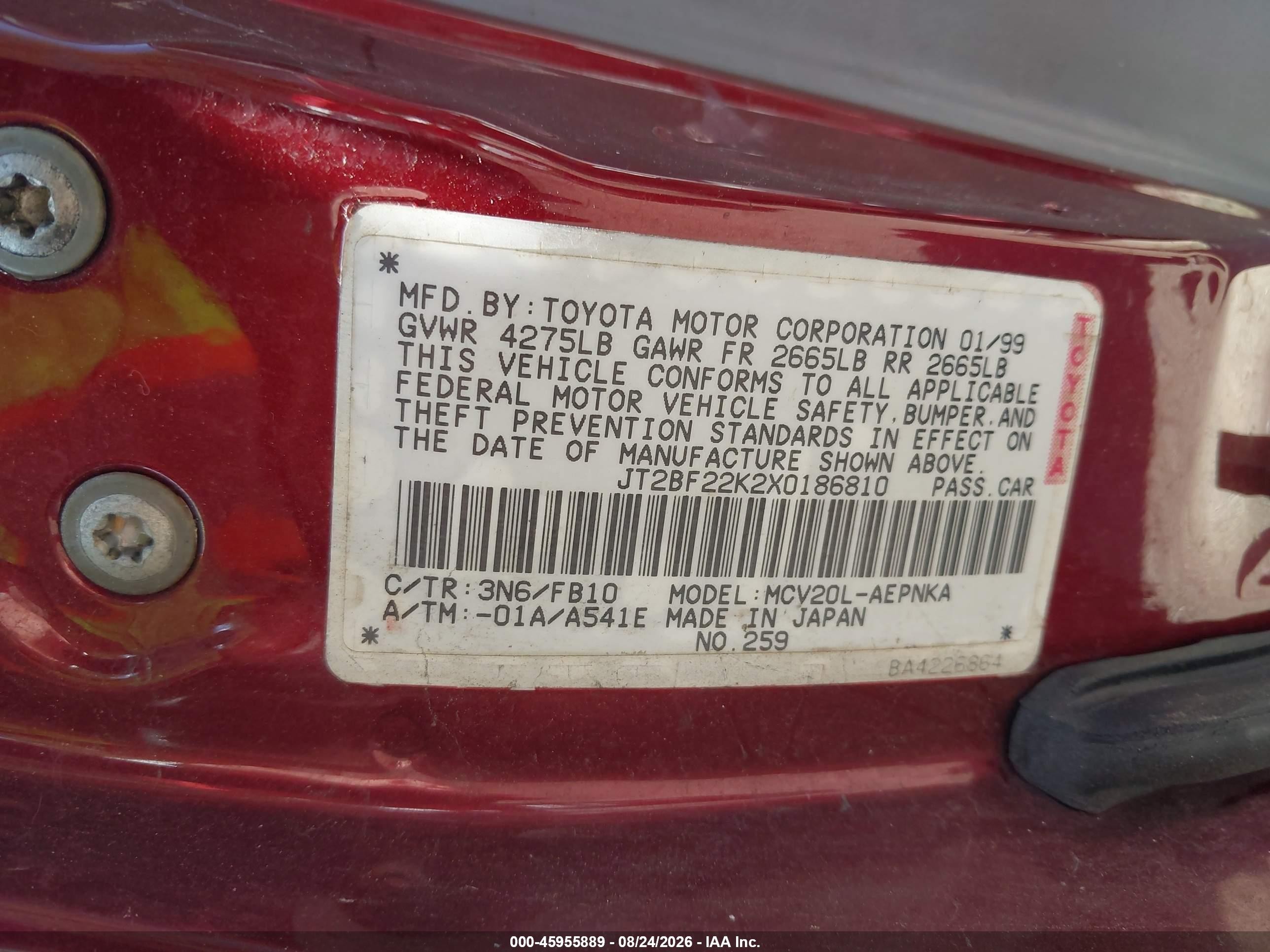 1999 Toyota Camry Le V6 Burgundy vin: JT2BF22K2X0186810
