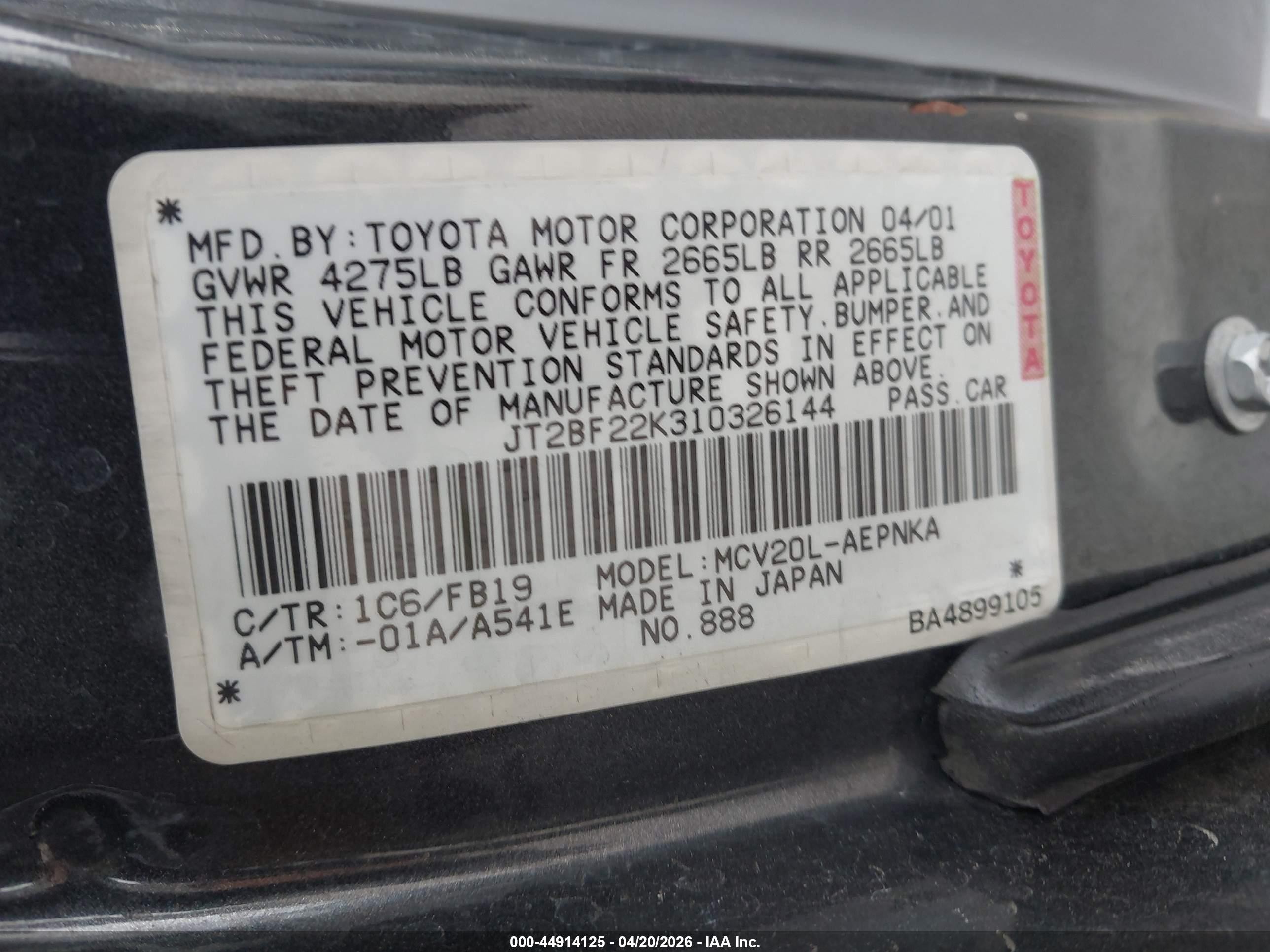 2001 Toyota Camry Le V6 Gray vin: JT2BF22K310326144