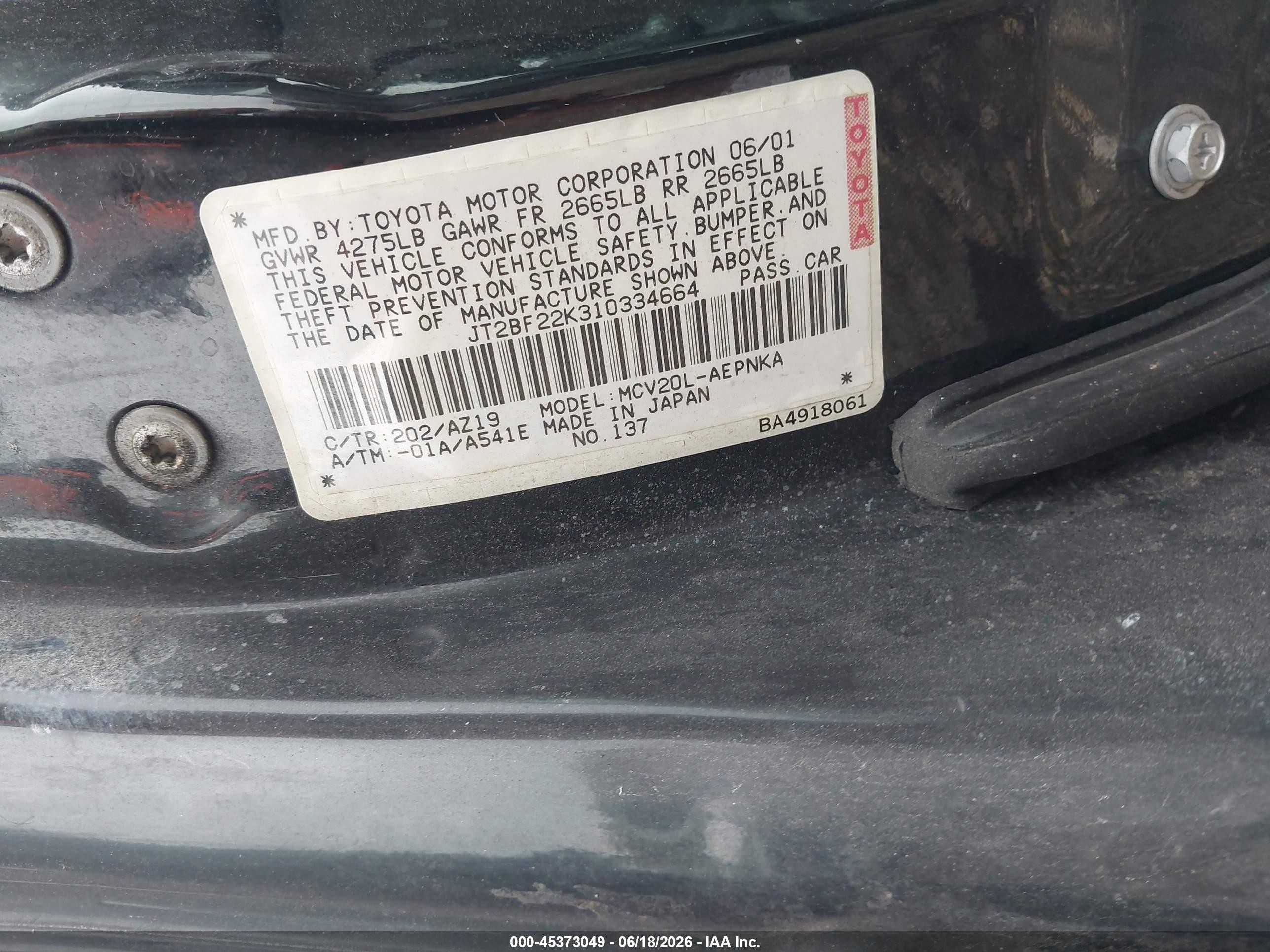 2001 Toyota Camry Le V6 Black vin: JT2BF22K310334664