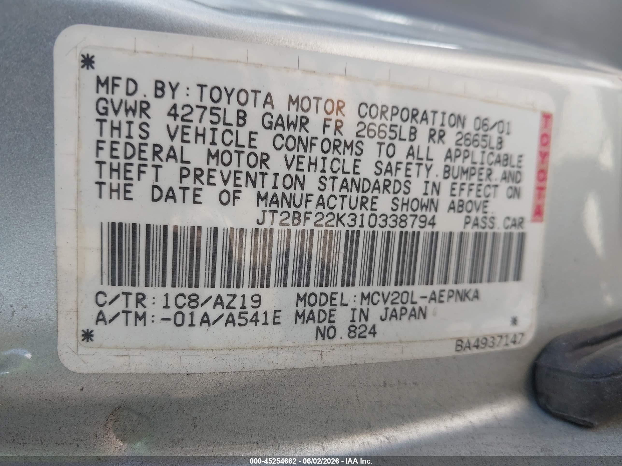 2001 Toyota Camry Le V6 Gray vin: JT2BF22K310338794