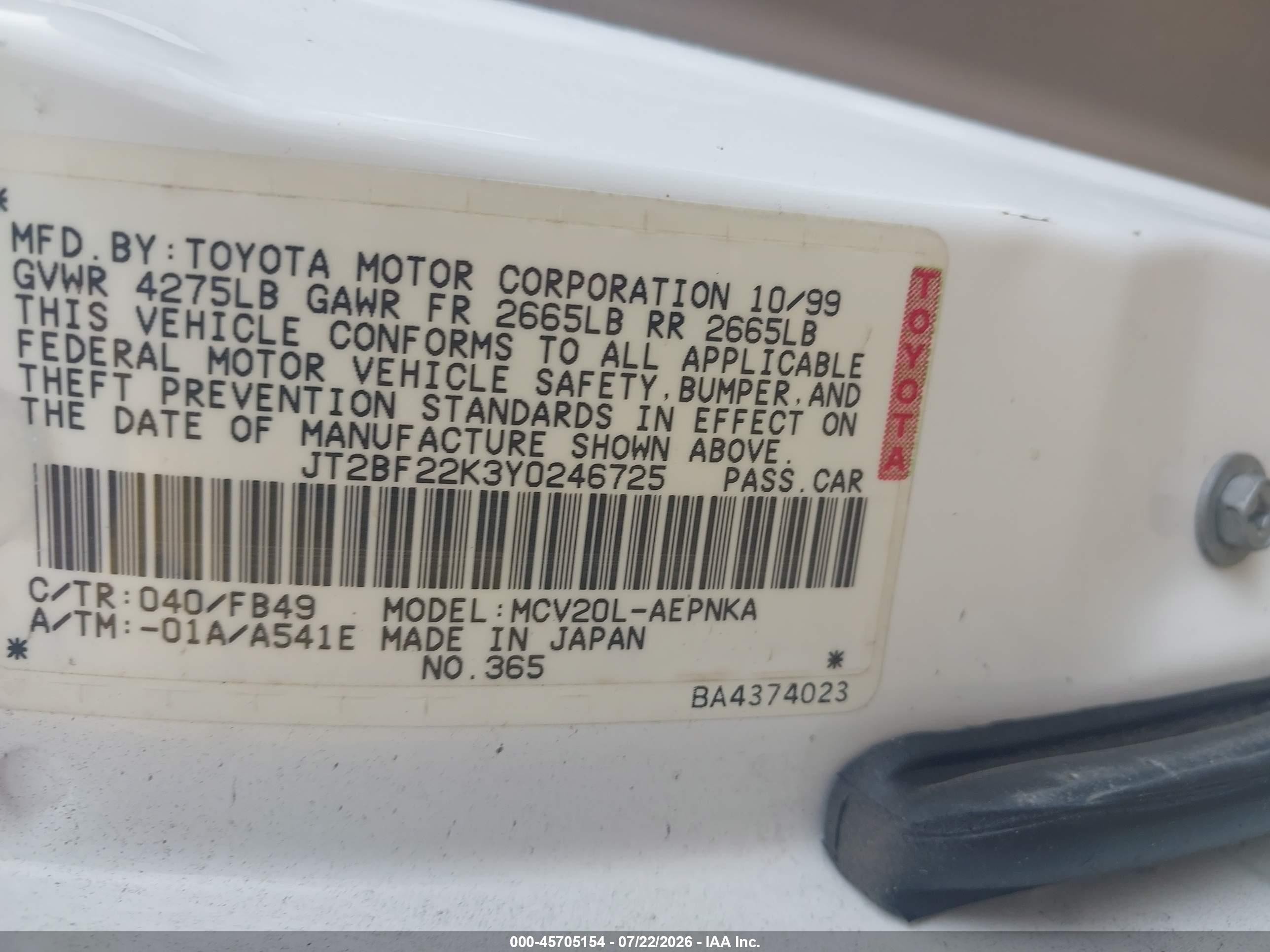 2000 Toyota Camry Le V6 White vin: JT2BF22K3Y0246725