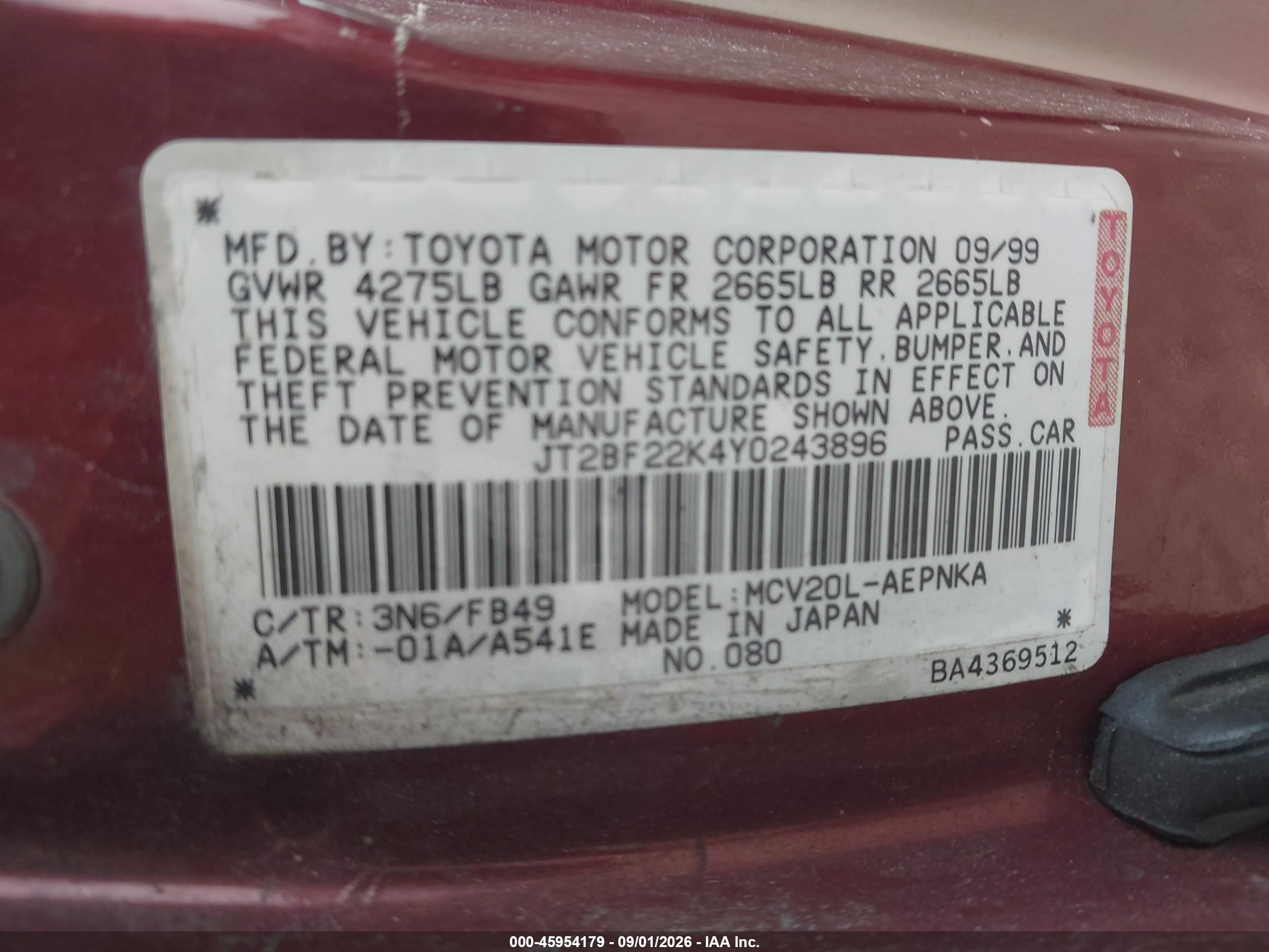 2000 Toyota Camry Le V6 Red vin: JT2BF22K4Y0243896