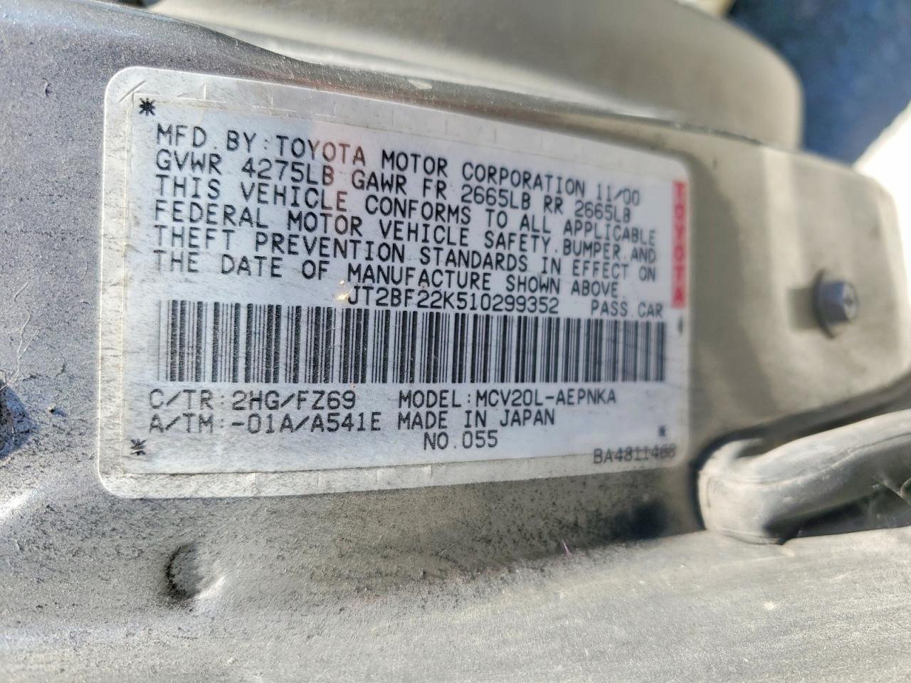 2001 Toyt Camry Silver vin: JT2BF22K510299352