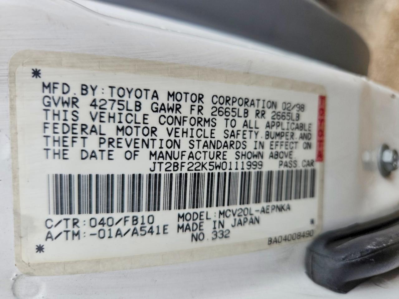 1998 Toyota Camry Le V6 White vin: JT2BF22K5W0111999