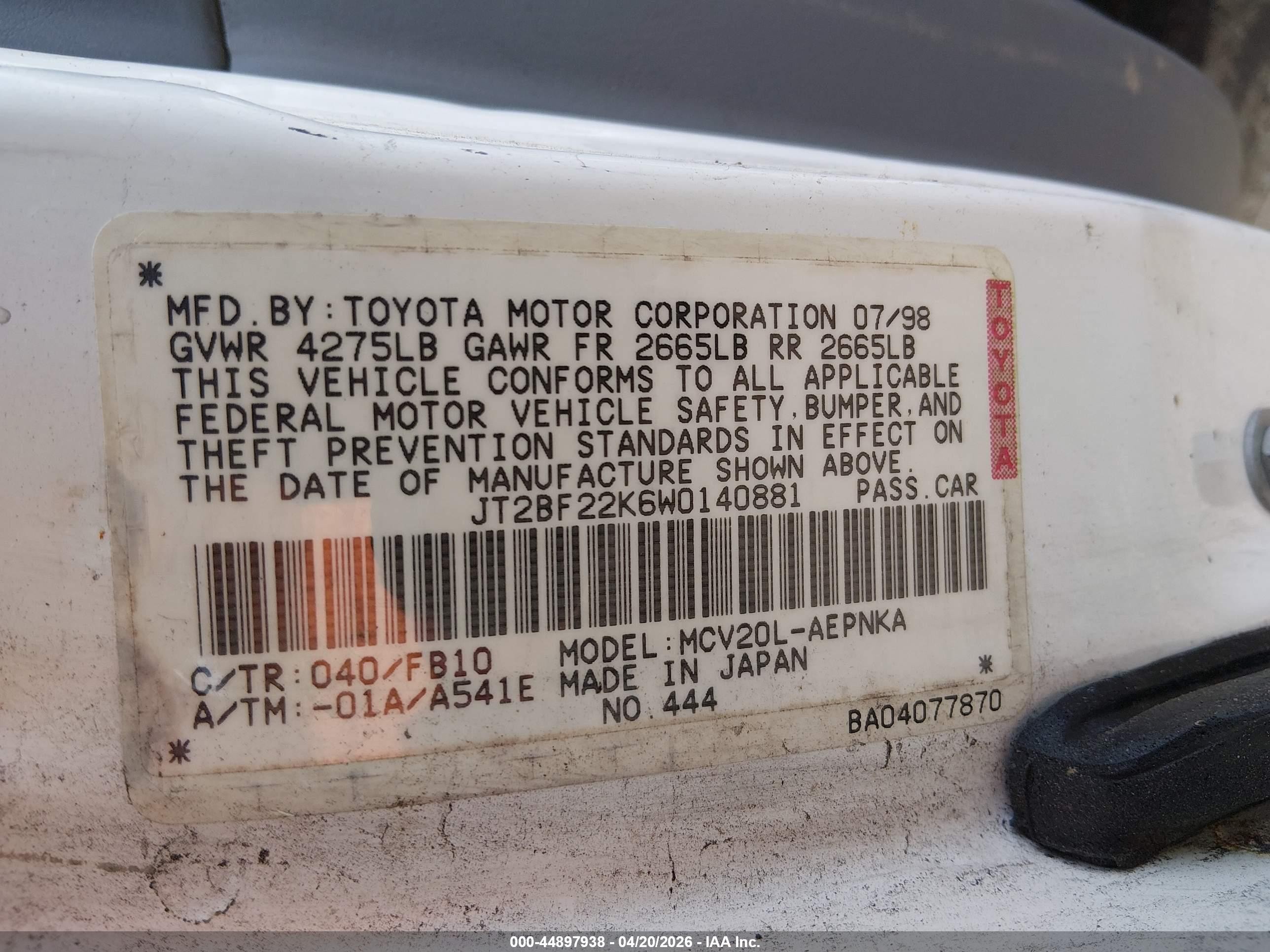 1998 Toyota Camry Le V6 White vin: JT2BF22K6W0140881