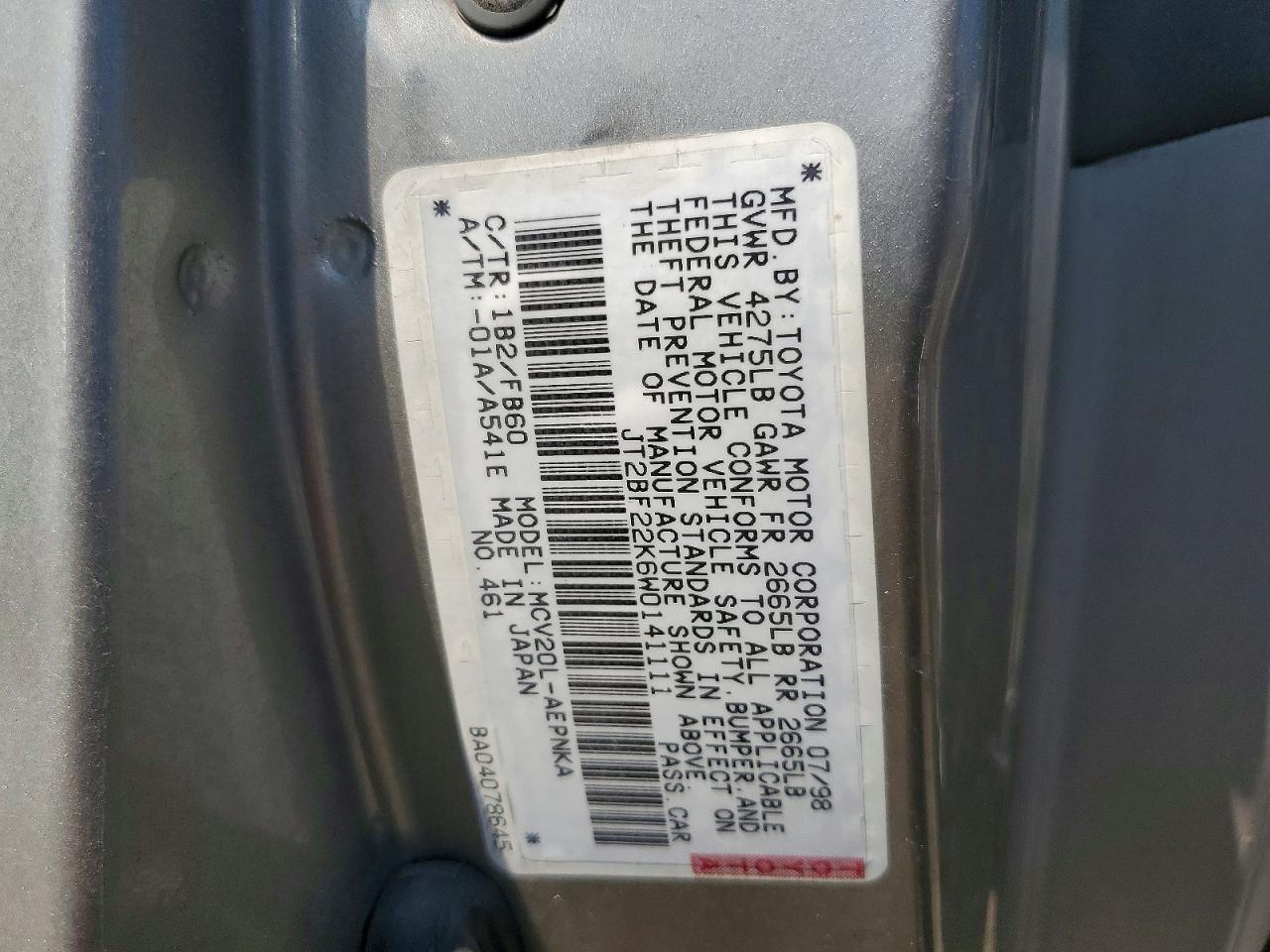 1998 Toyota Camry Серый vin: JT2BF22K6W0141111