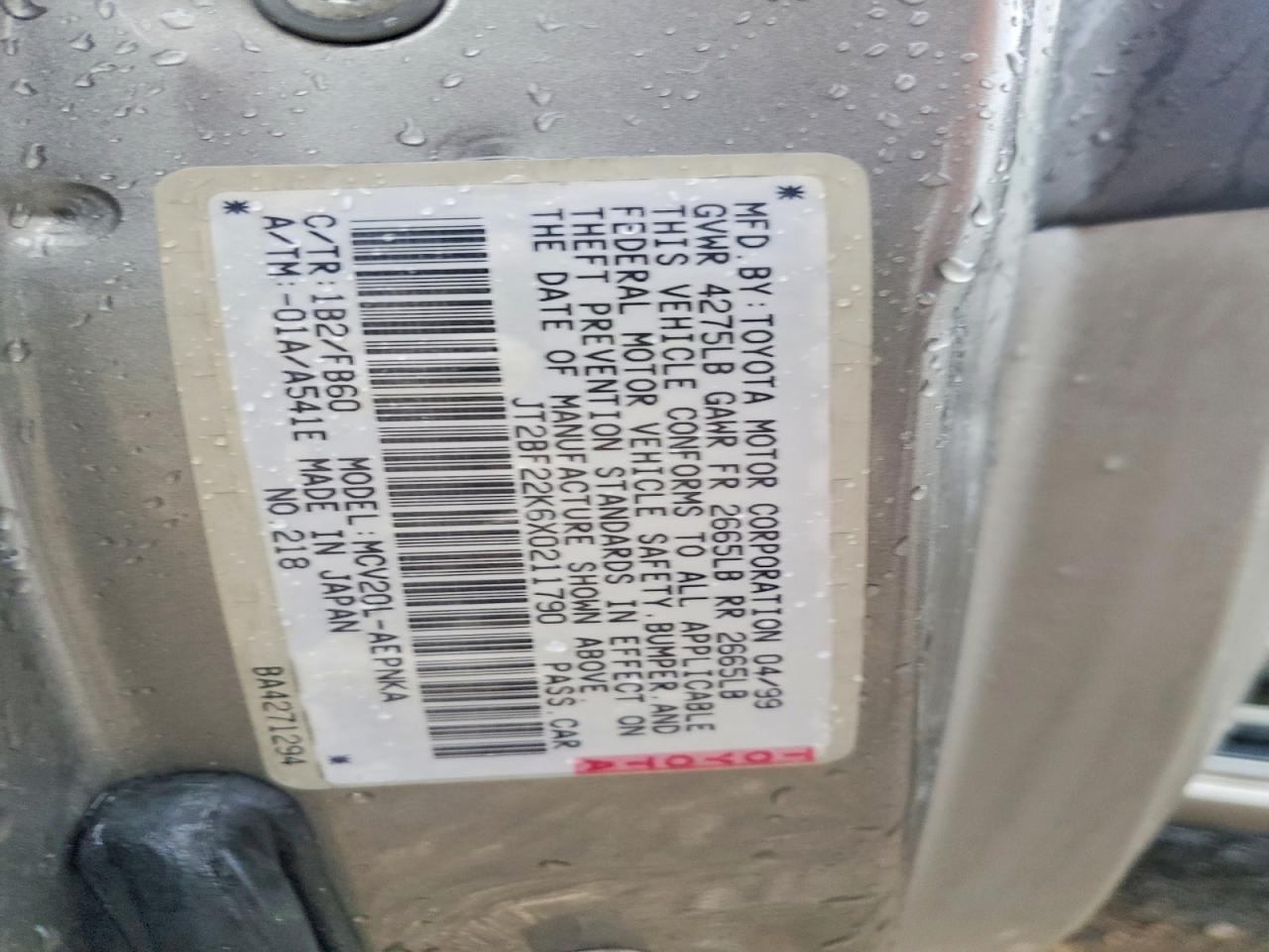 1999 Toyota Camry Le V6 Gray vin: JT2BF22K6X0211790