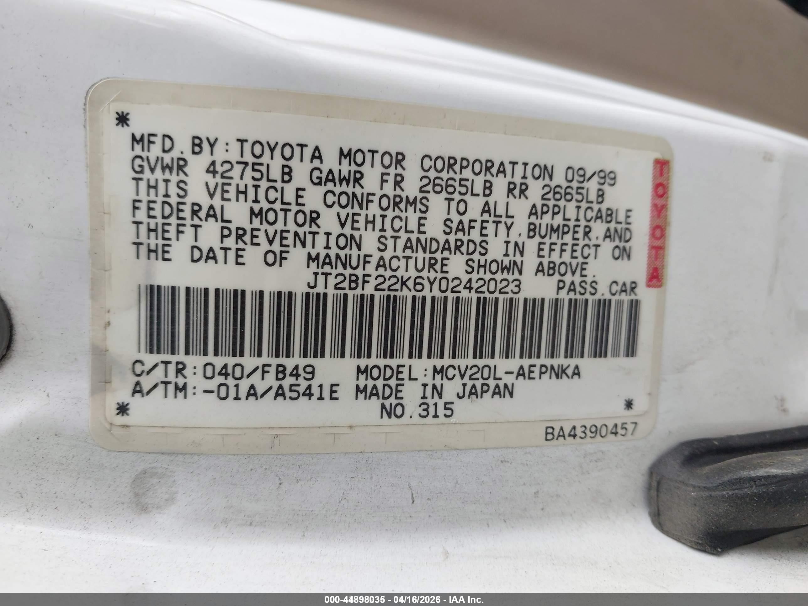 2000 Toyota Camry Le V6 White vin: JT2BF22K6Y0242023