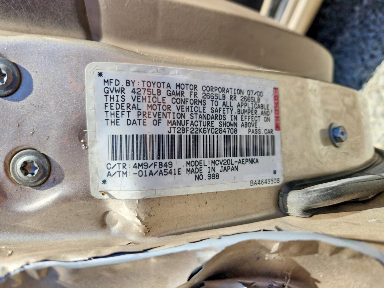 2000 Toyota Camry Le V6 Gold vin: JT2BF22K6Y0284708