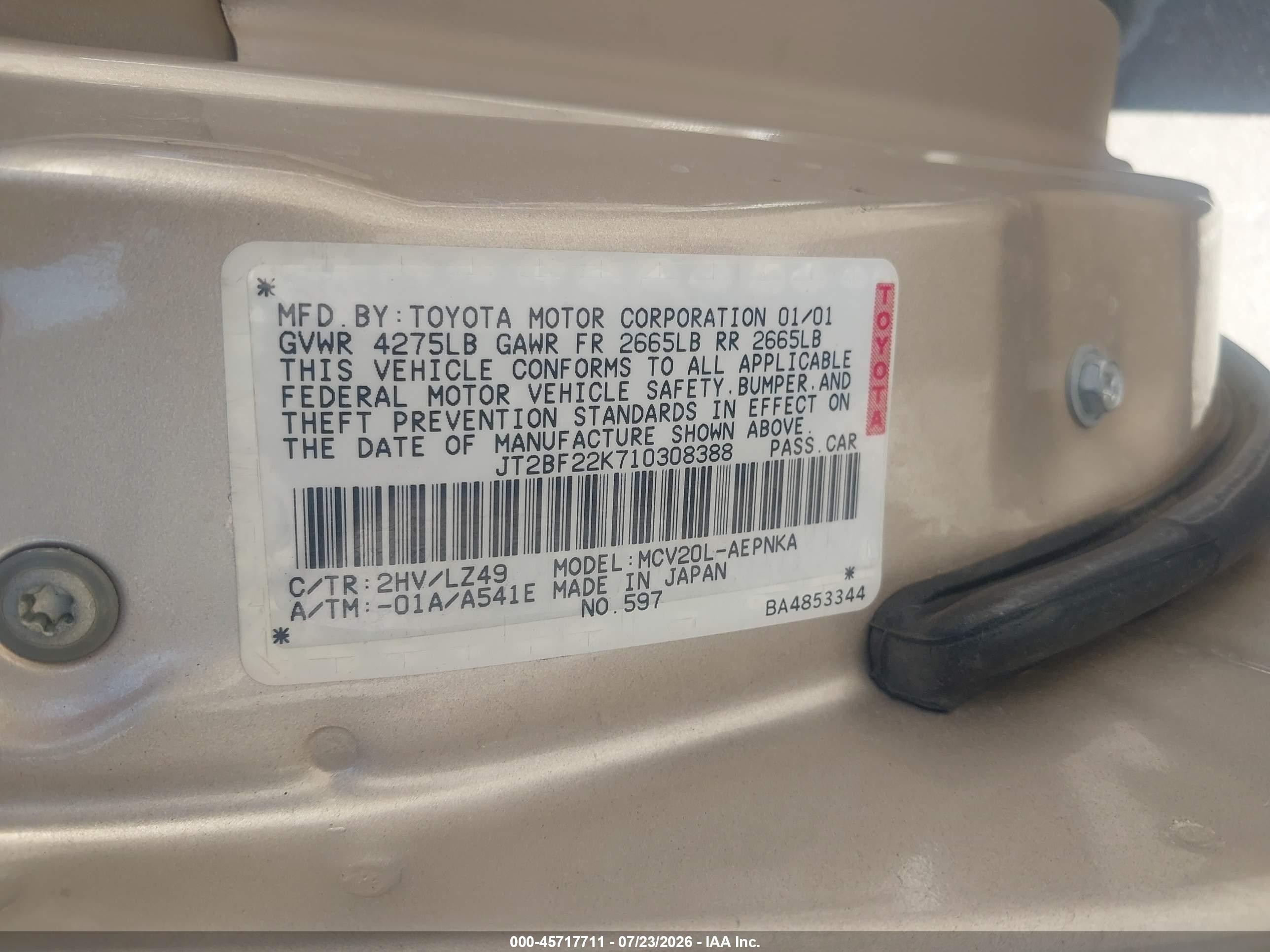 2001 Toyota Camry Le V6 Cream vin: JT2BF22K710308388
