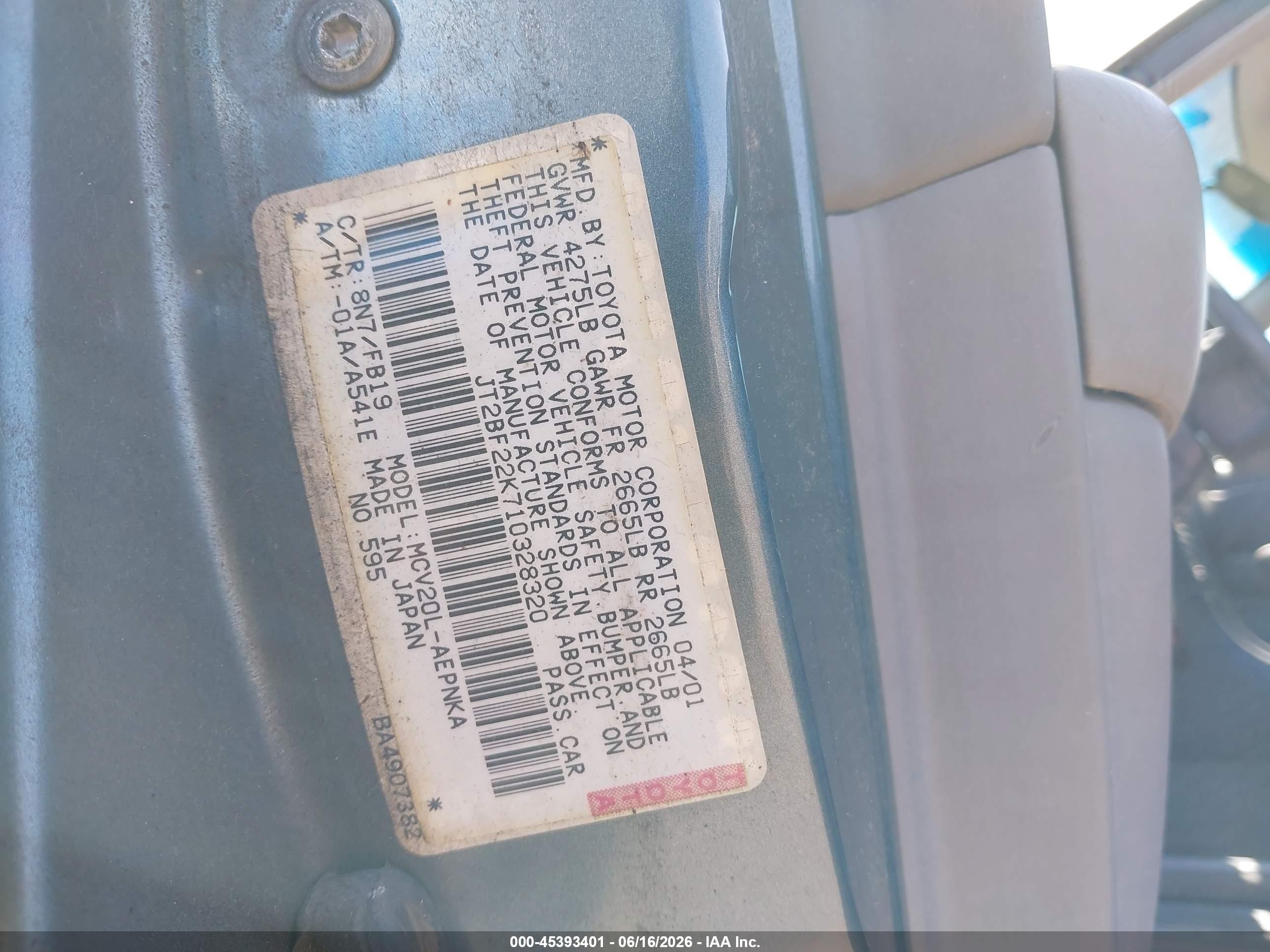 2001 Toyota Camry Le V6 Green vin: JT2BF22K710328320