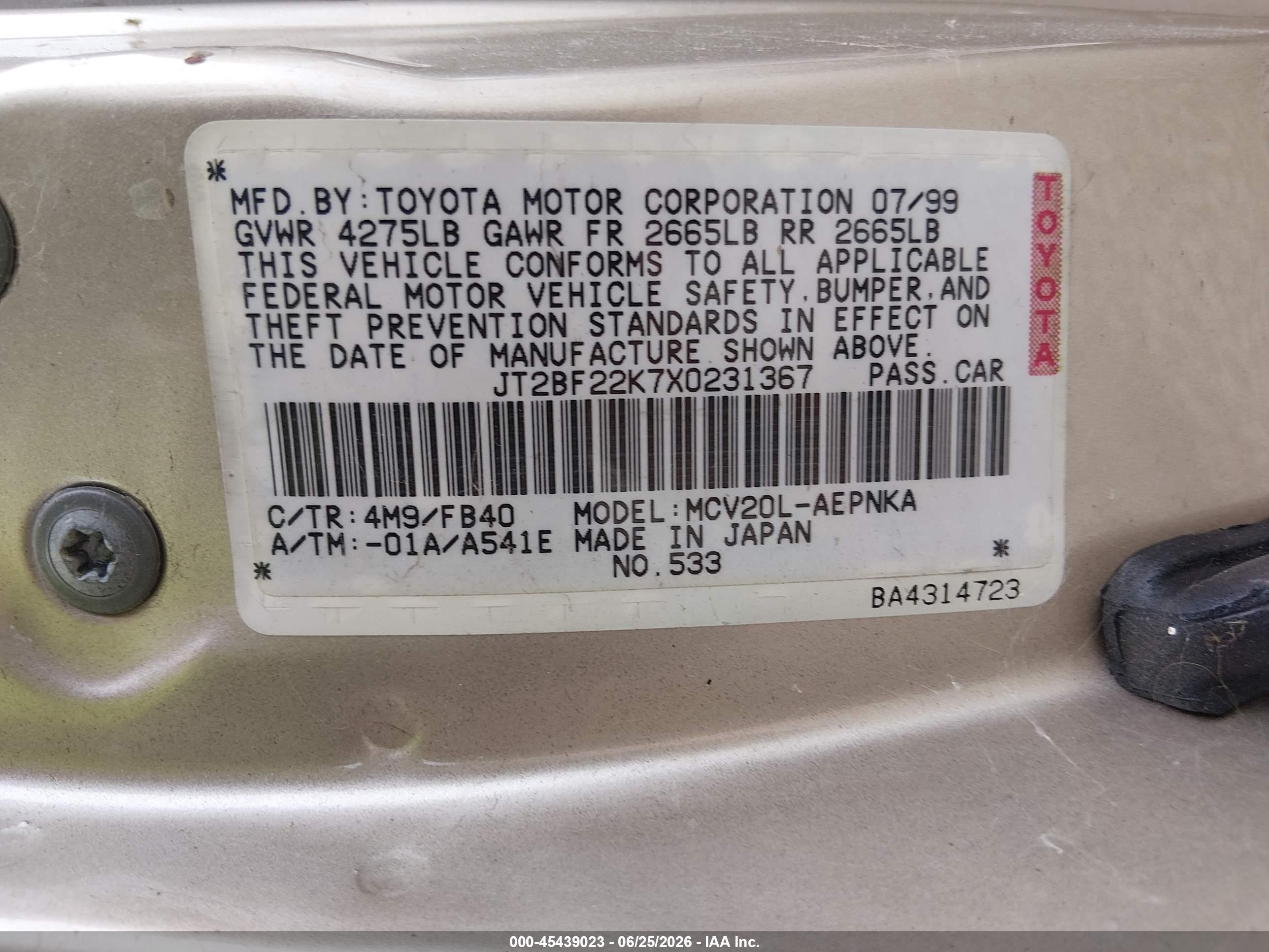 1999 Toyota Camry Le V6 Gold vin: JT2BF22K7X0231367