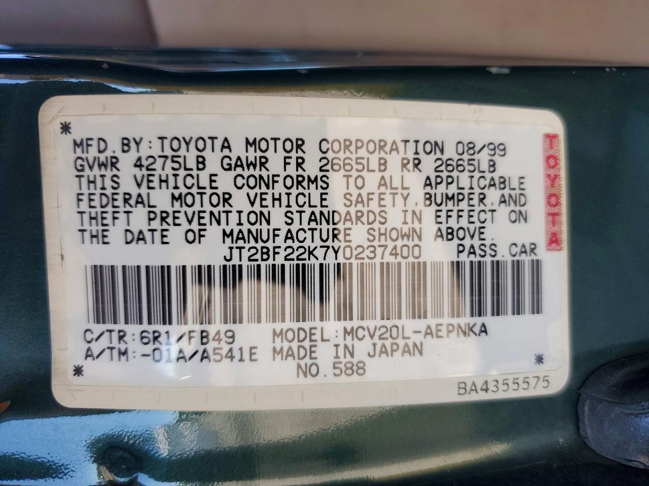 2000 Toyota Camry Le V6 Green vin: JT2BF22K7Y0237400