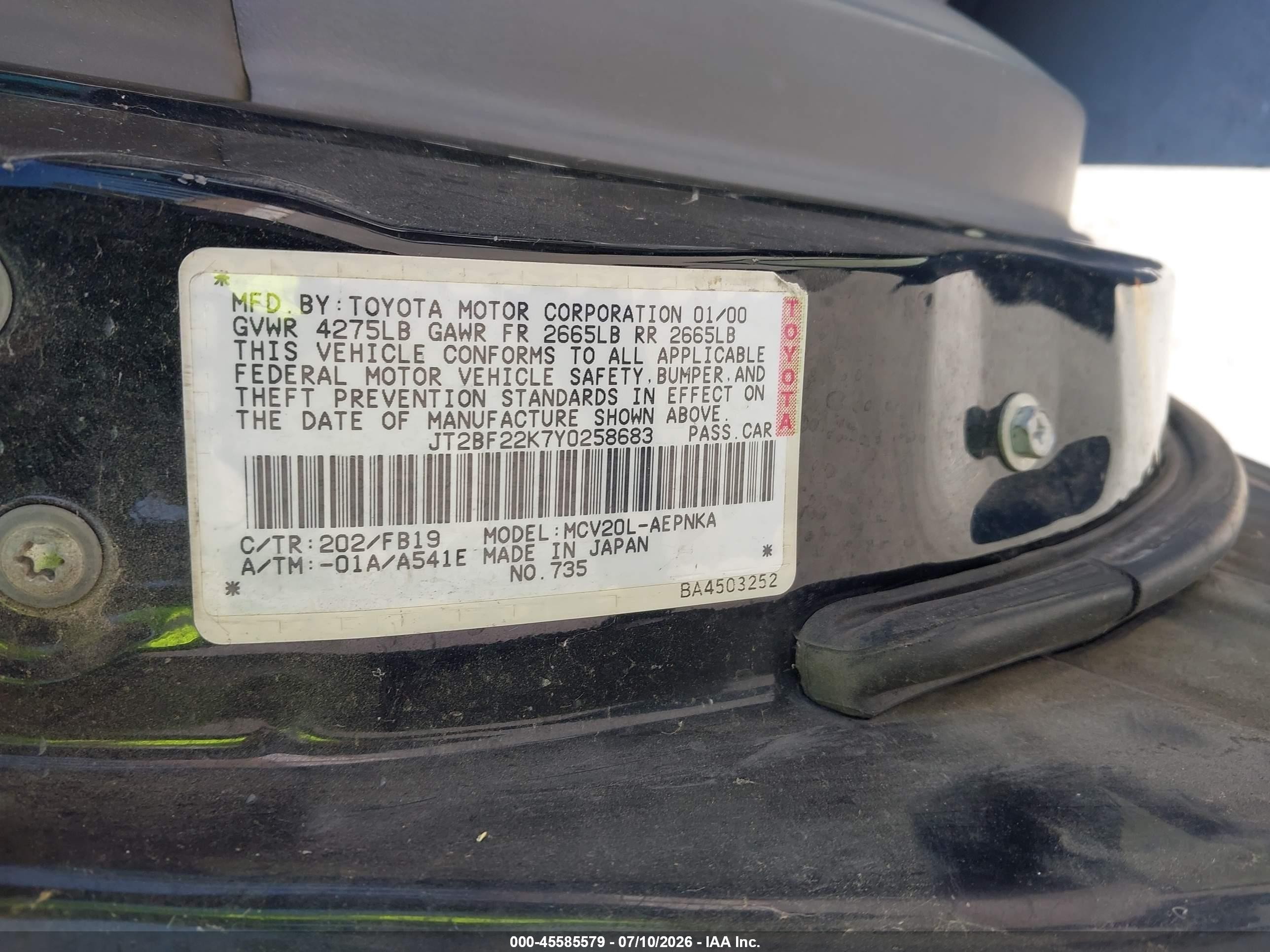 2000 Toyota Camry Le V6 Black vin: JT2BF22K7Y0258683