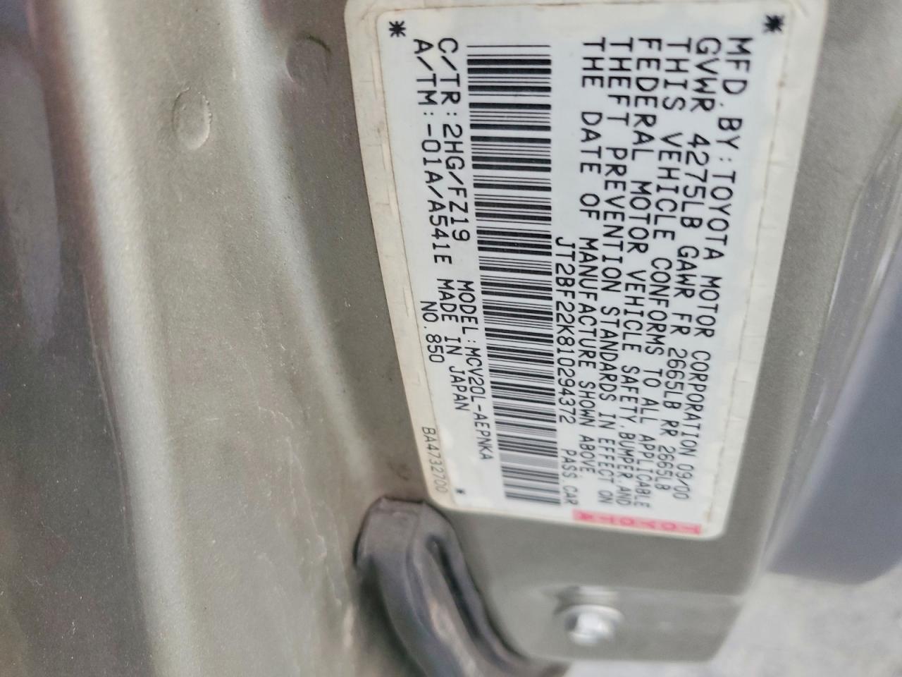 2001 Toyota Camry Ce/le/xle Gray vin: JT2BF22K810294372